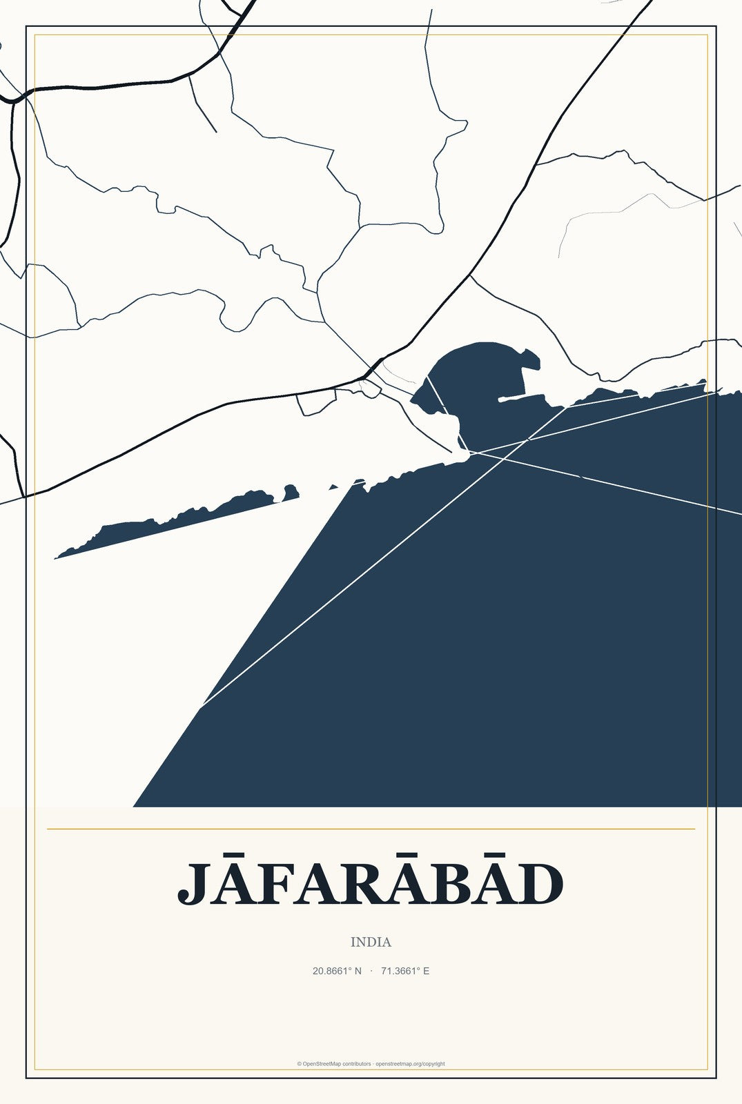 Jāfarābād, India City Map Aluminum Sign in Citrine Modern style