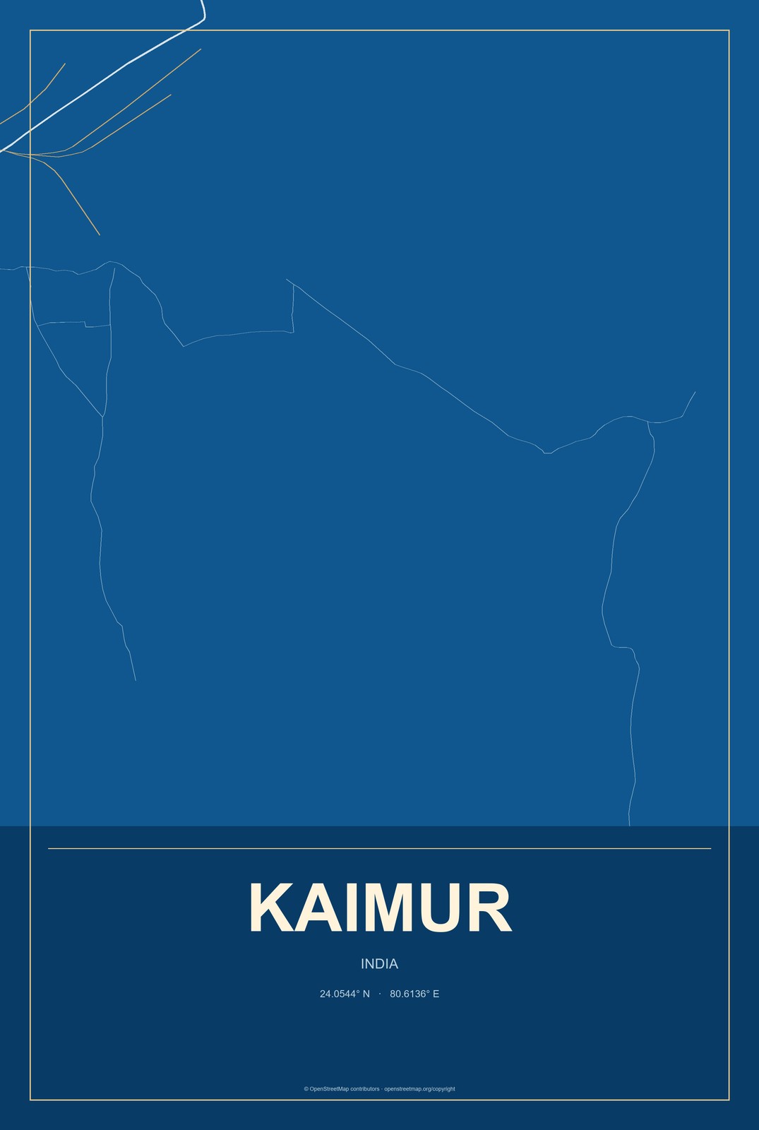 Kaimur, India City Map Aluminum Sign in Harbor Cobalt style