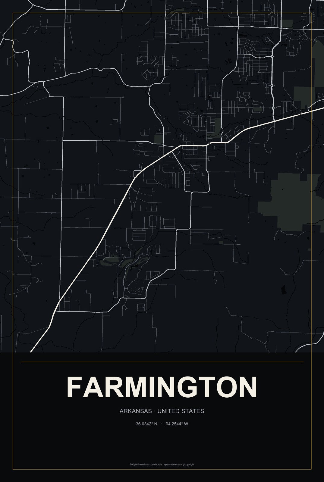 Farmington, Arkansas City Map Aluminum Sign in Metropolitan Noir style