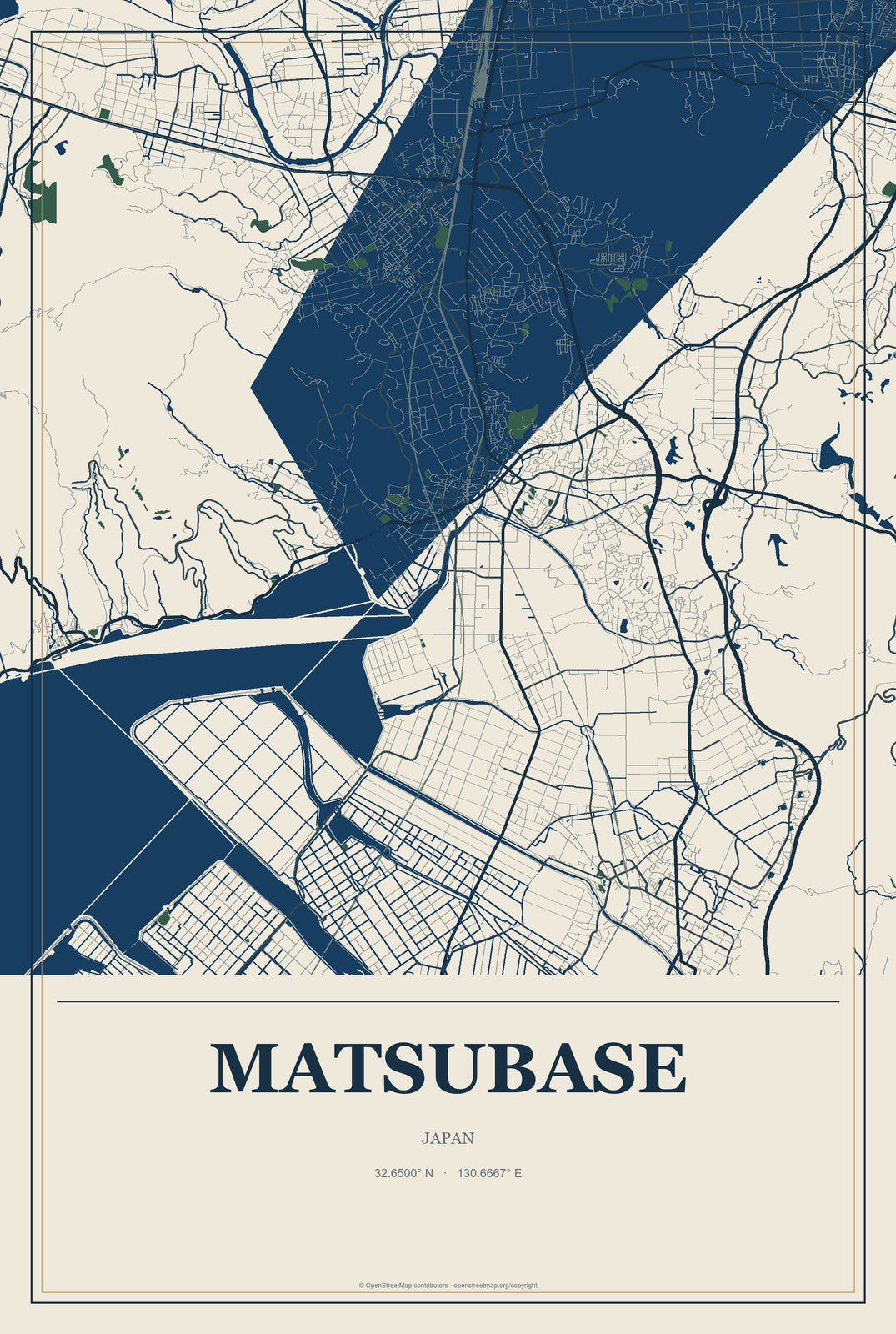 Matsubase, Japan City Map Aluminum Sign in Coastal Cutout style