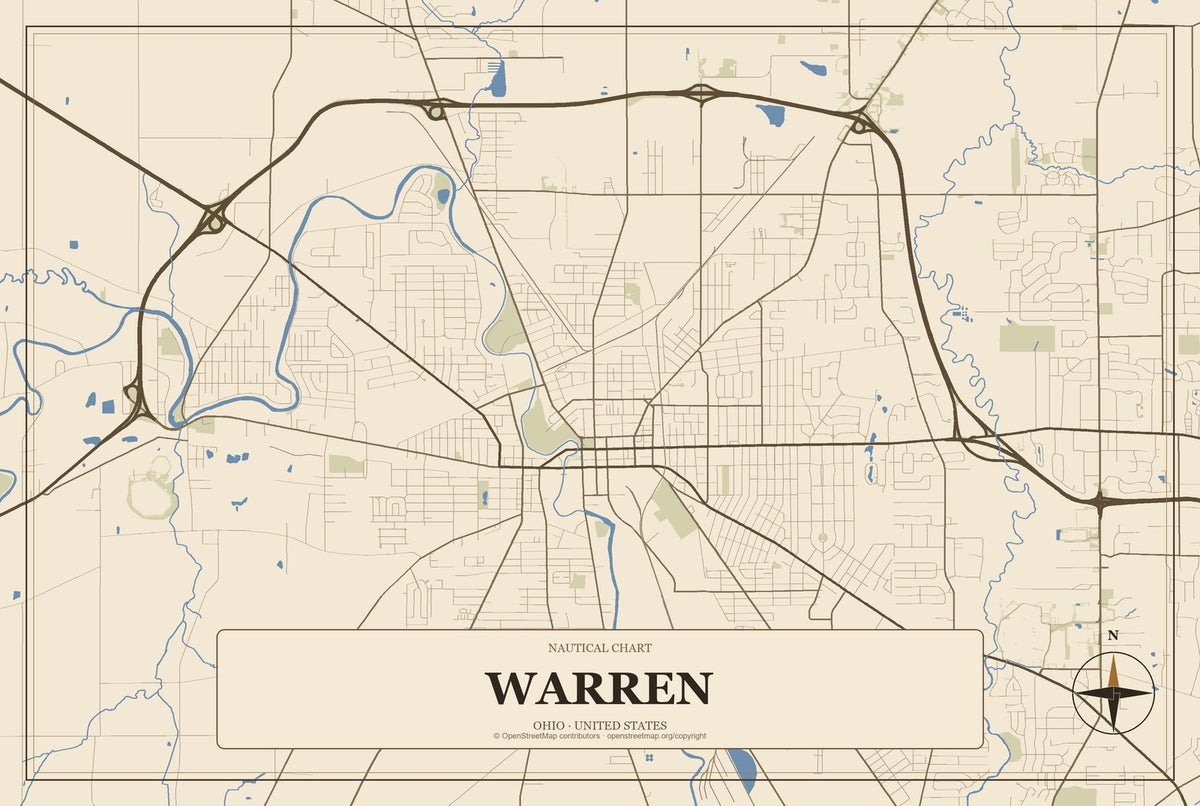 Warren, Ohio City Map Aluminum Sign in Heritage Nautical style