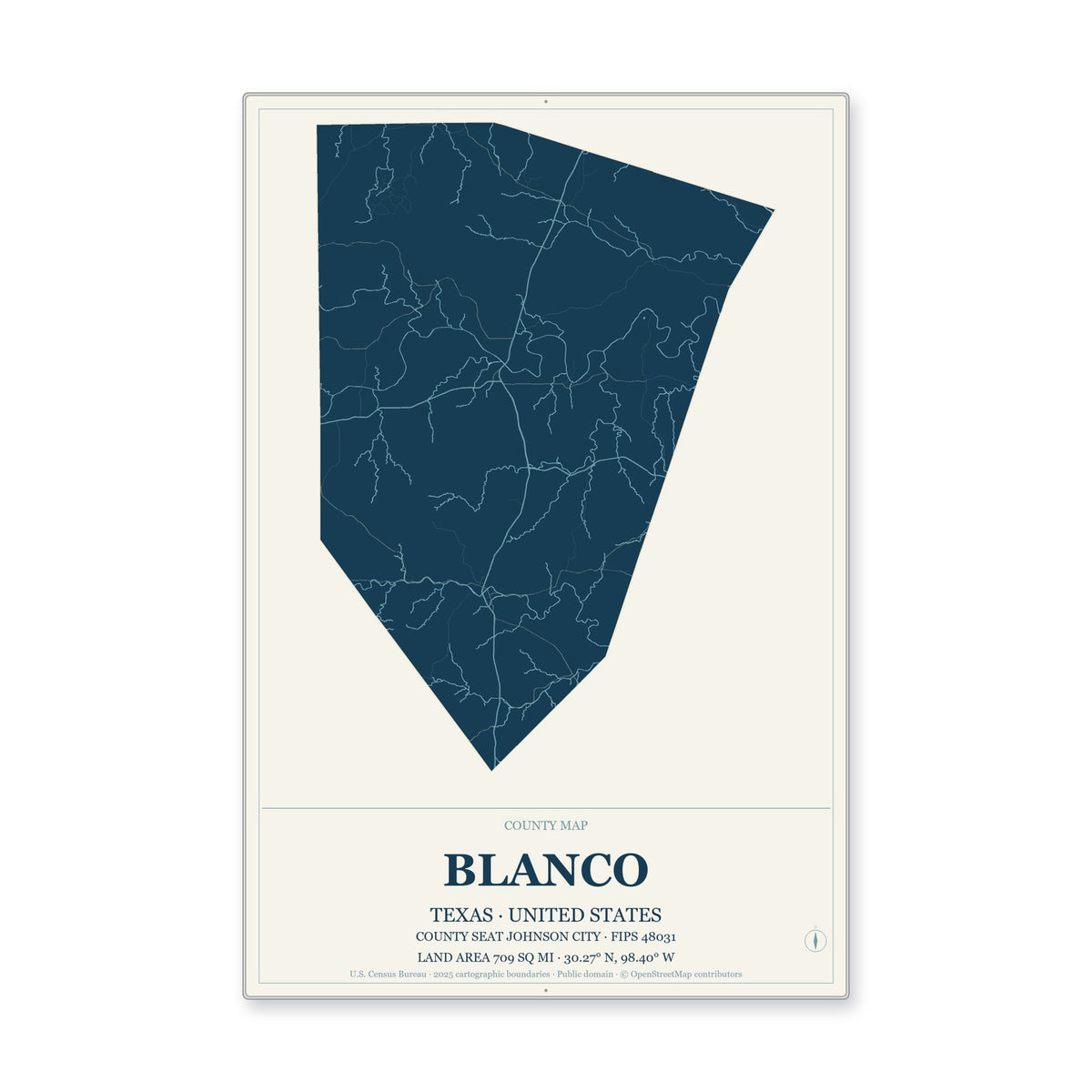 Blanco County, Texas Map Aluminum Sign in Coastal Cutout style