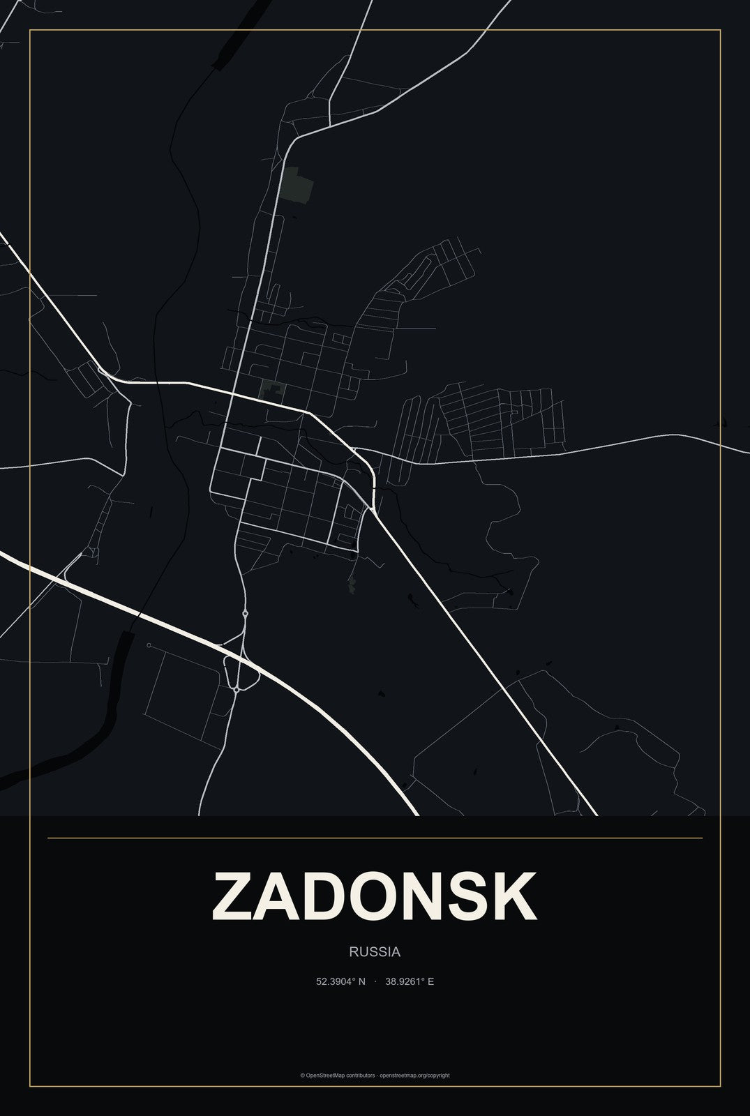 Zadonsk, Russia City Map Aluminum Sign in Metropolitan Noir style