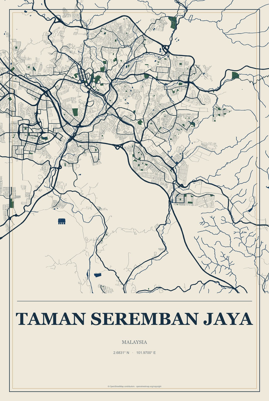 Taman Seremban Jaya, Malaysia City Map Aluminum Sign in Coastal Cutout style