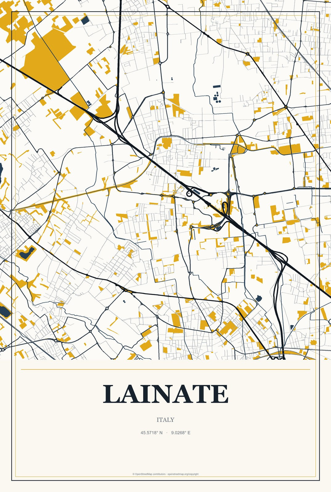 Lainate, Italy City Map Aluminum Sign in Citrine Modern style