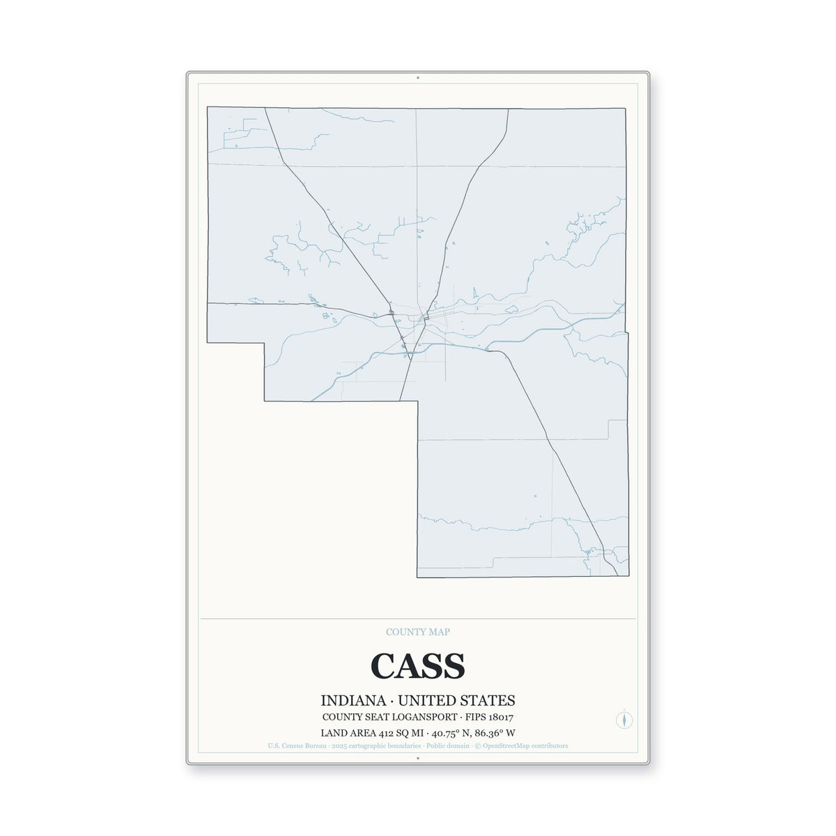 Cass County, Indiana Map Aluminum Sign in Gallery Air style