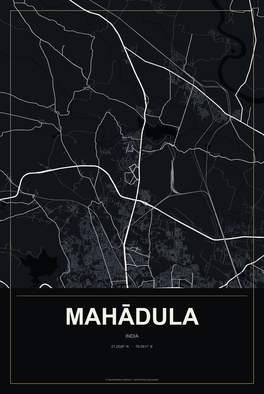 Mahādula, India City Map Aluminum Sign in Metropolitan Noir style