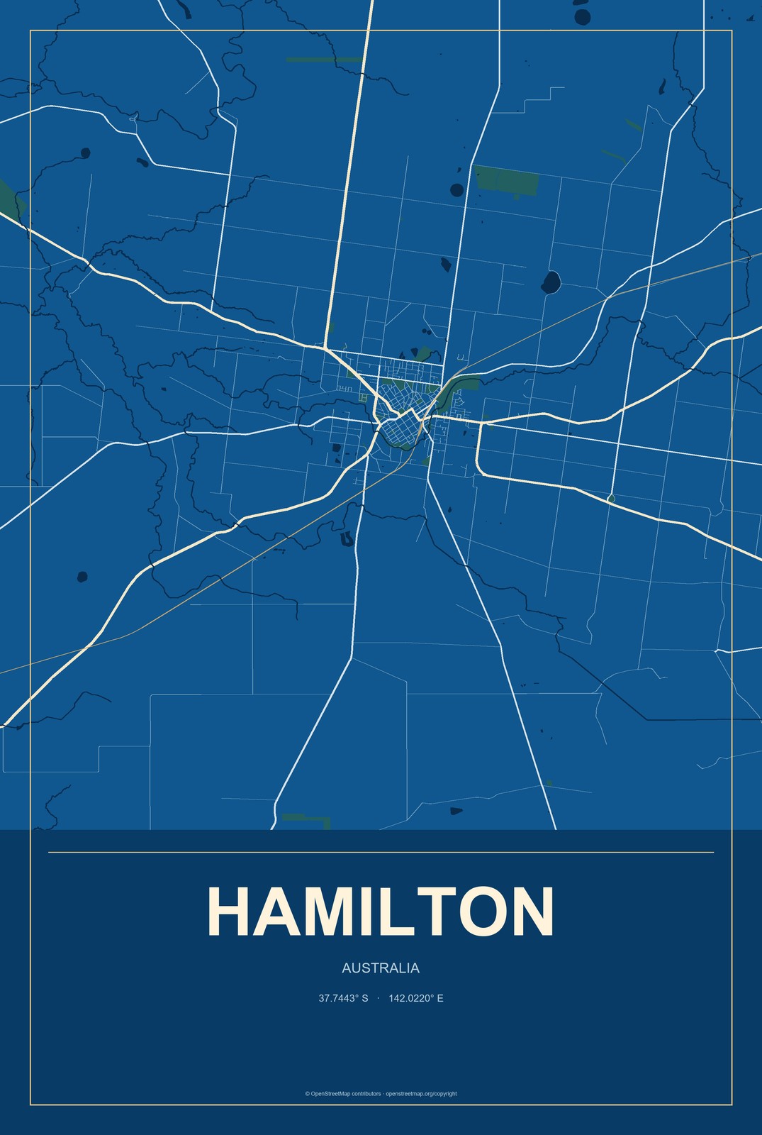 Hamilton, Australia City Map Aluminum Sign in Harbor Cobalt style