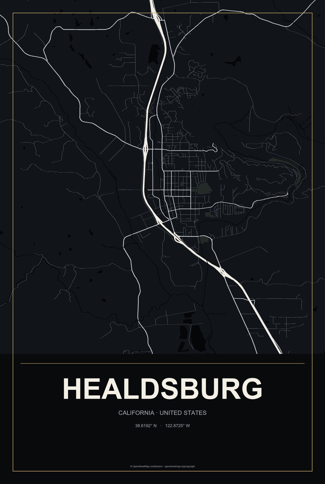 Healdsburg, California City Map Aluminum Sign in Metropolitan Noir style