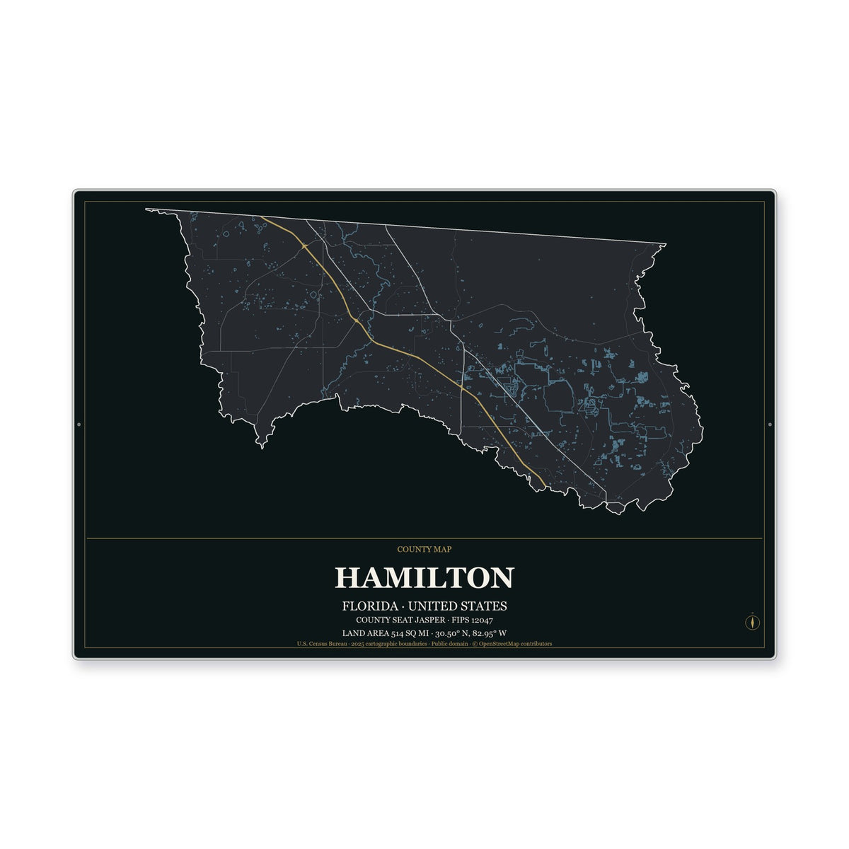 Hamilton County, Florida Map Aluminum Sign in Metropolitan Noir style