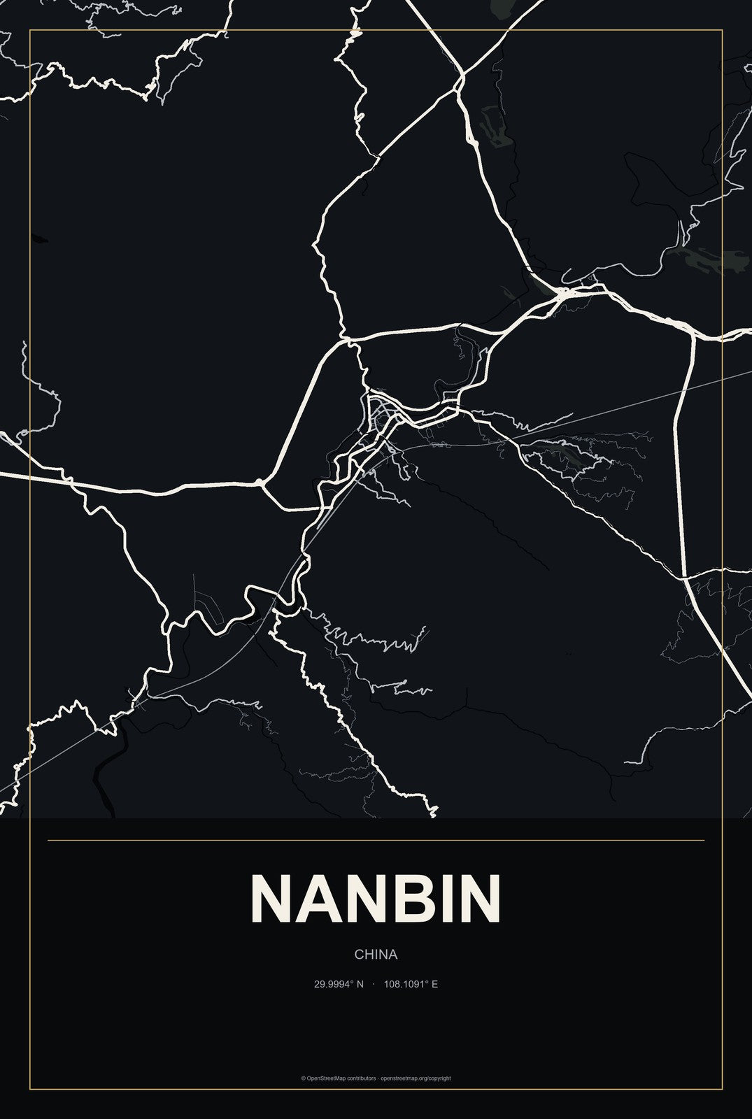Nanbin, China City Map Aluminum Sign in Metropolitan Noir style