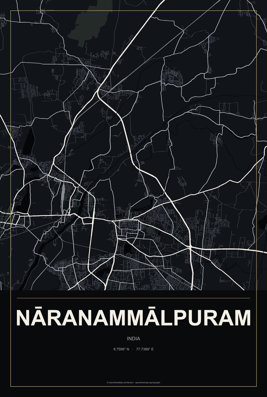 Nāranammālpuram, India City Map Aluminum Sign in Metropolitan Noir style