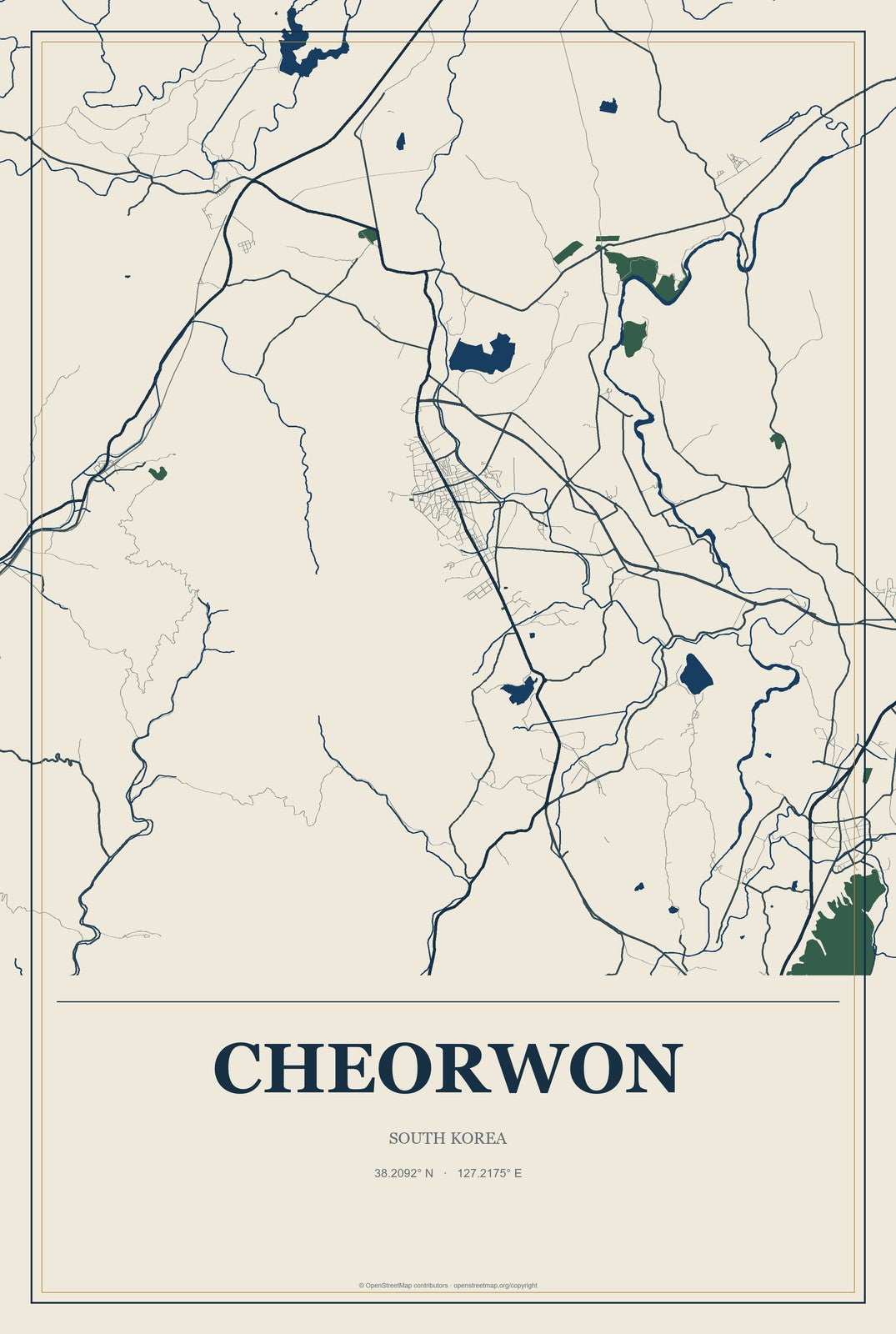 Cheorwon, South Korea City Map Aluminum Sign in Coastal Cutout style