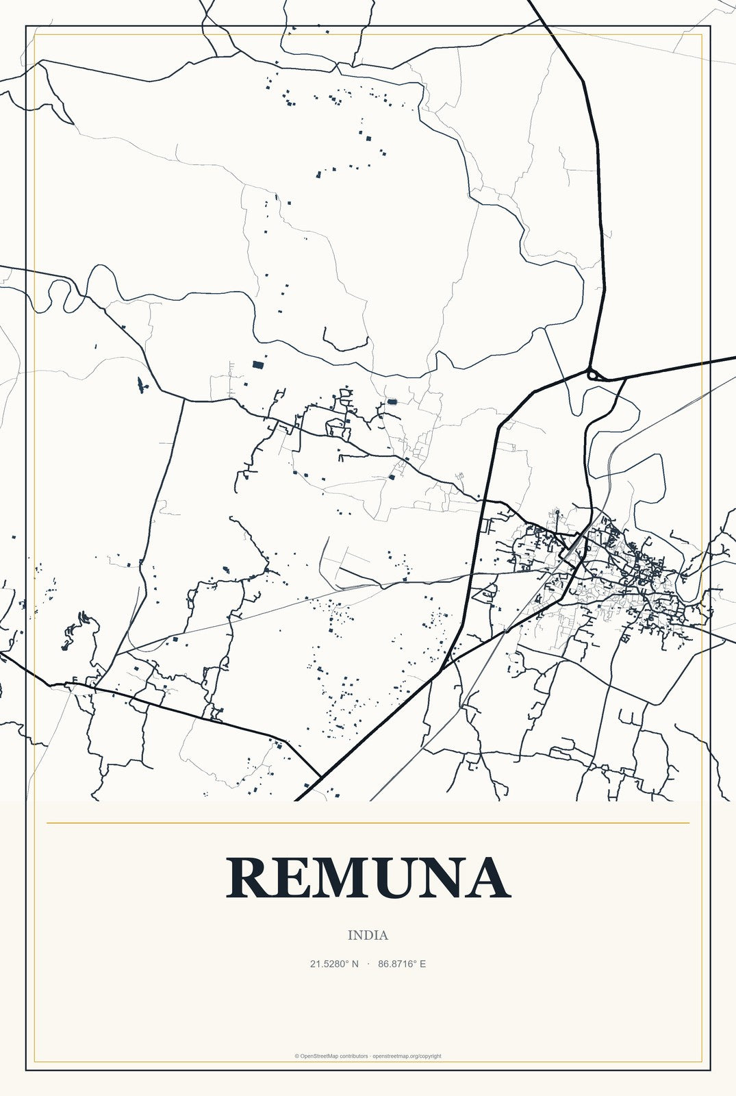 Remuna, India City Map Aluminum Sign in Citrine Modern style