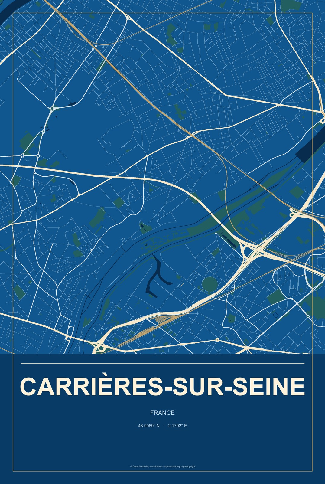 Carrières-sur-Seine, France City Map Aluminum Sign in Harbor Cobalt style