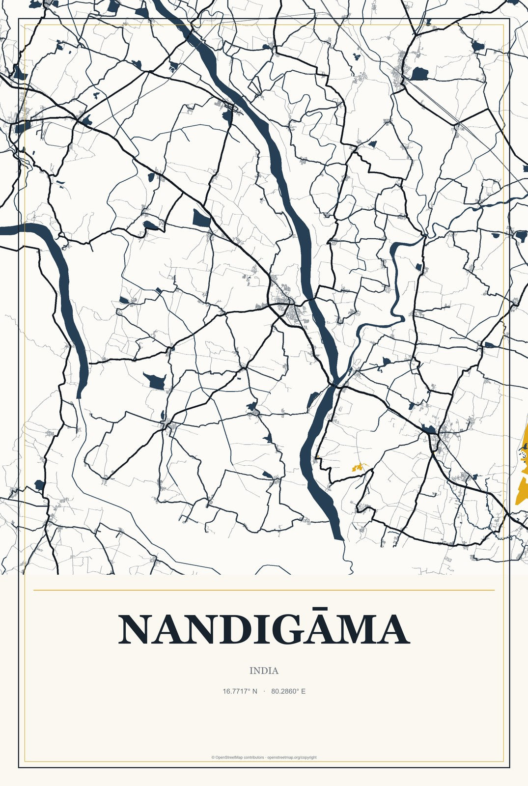 Nandigāma, India City Map Aluminum Sign in Citrine Modern style