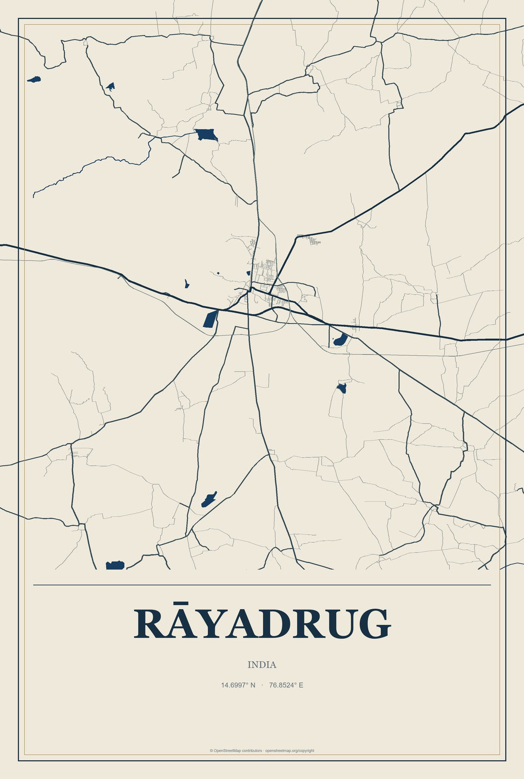 Rāyadrug, India City Map Aluminum Sign in Coastal Cutout style