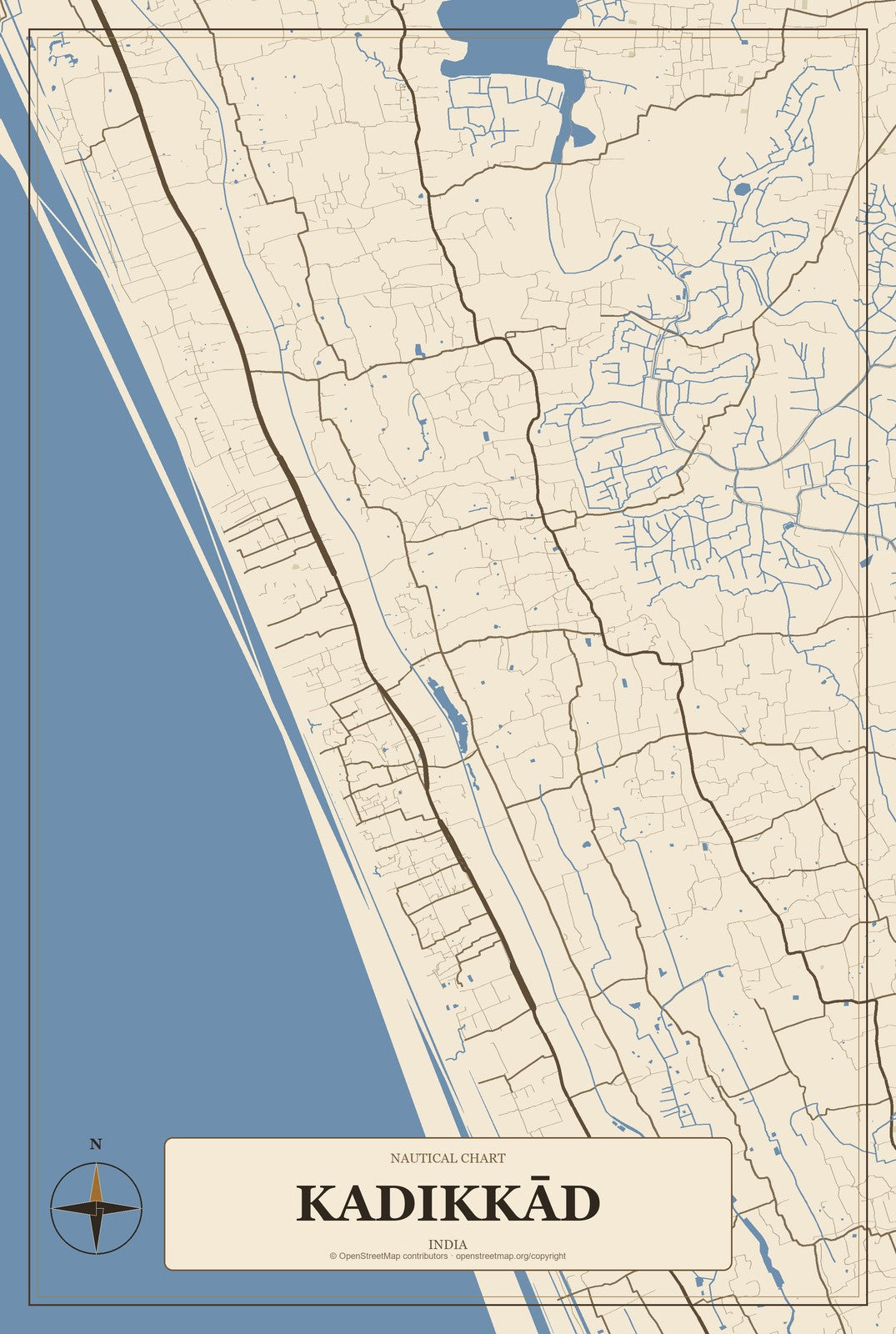 Kadikkād, India City Map Aluminum Sign in Heritage Nautical style