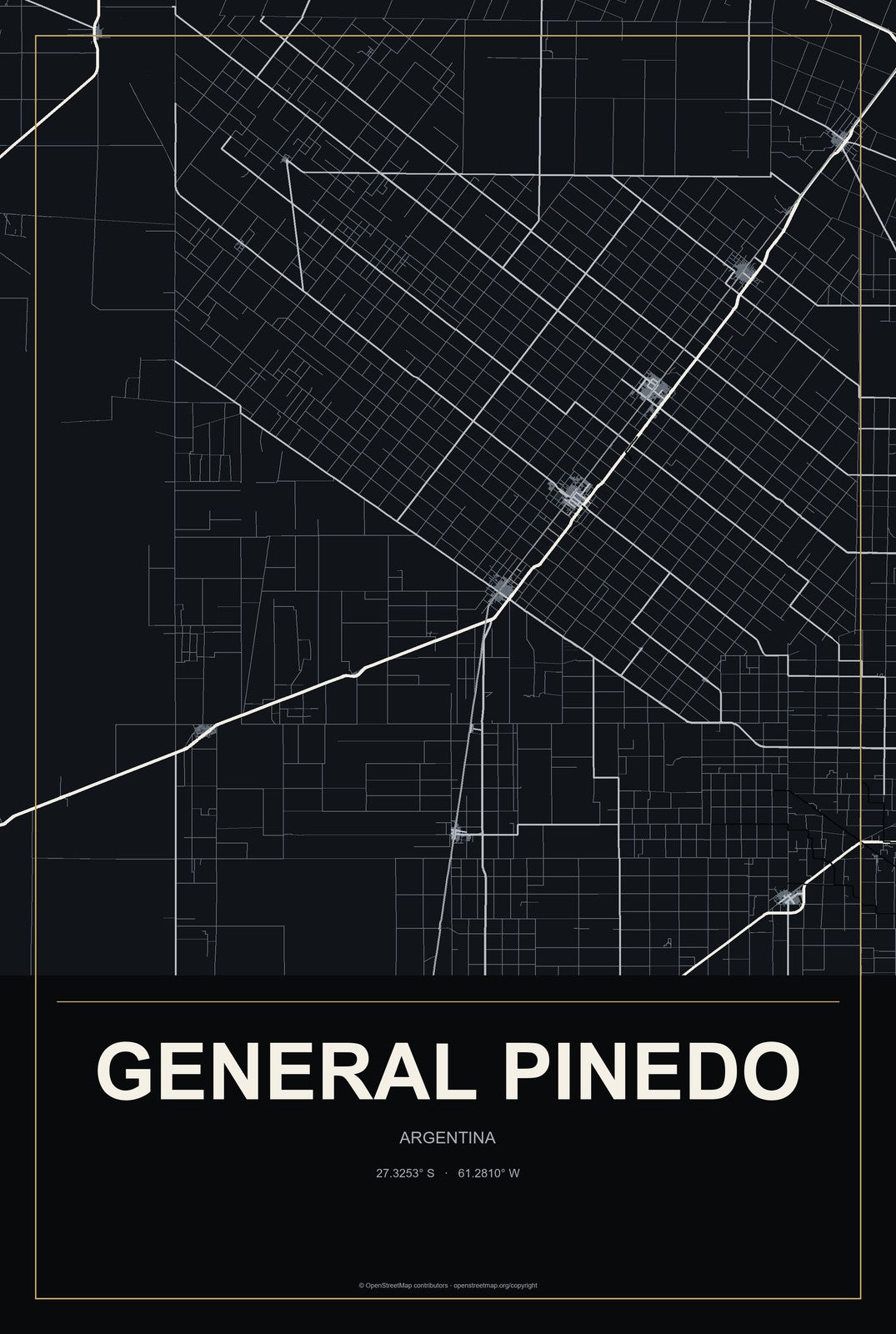 General Pinedo, Argentina City Map Aluminum Sign in Metropolitan Noir style