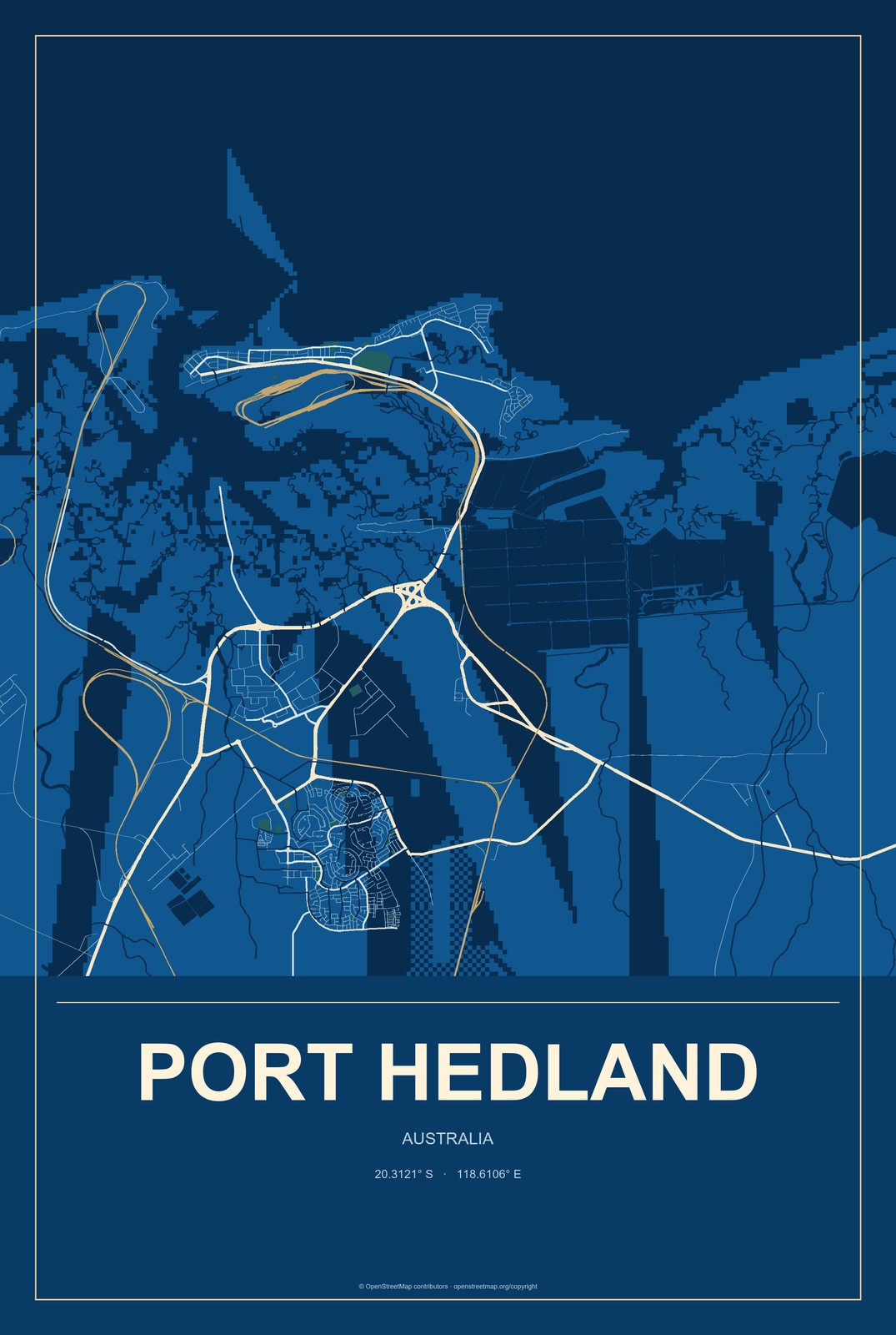 Port Hedland, Australia City Map Aluminum Sign in Harbor Cobalt style