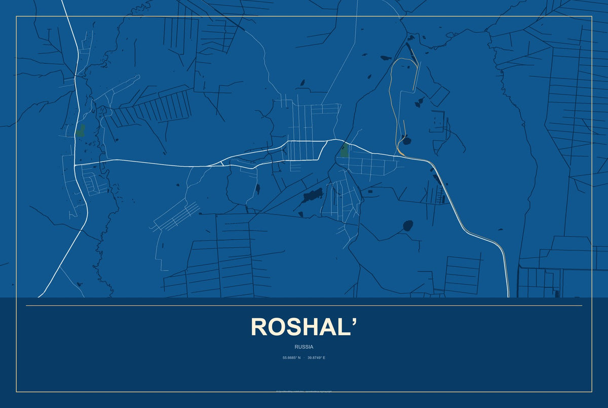 Roshal’, Russia City Map Aluminum Sign in Harbor Cobalt style