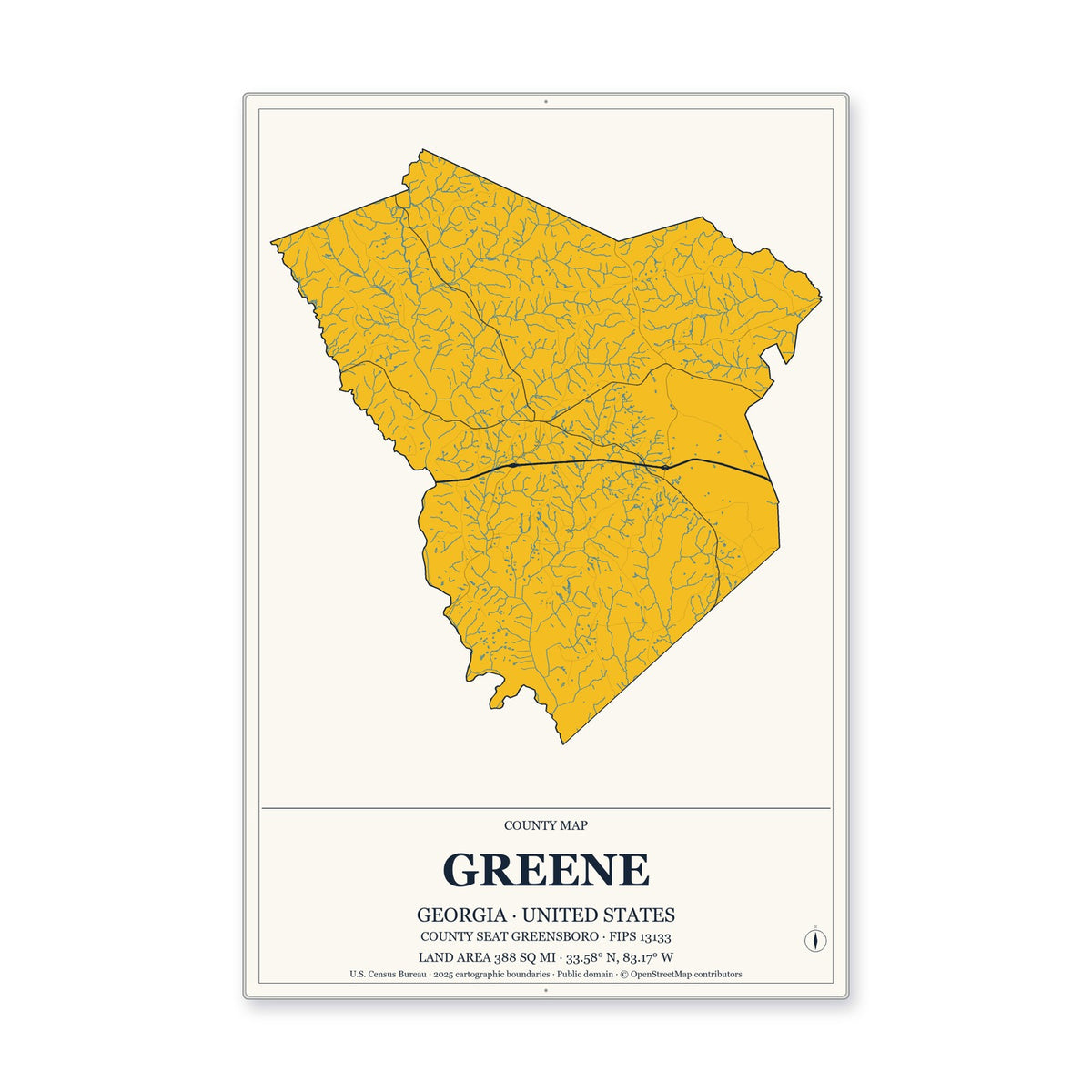 Greene County, Georgia Map Aluminum Sign in Citrine Modern style