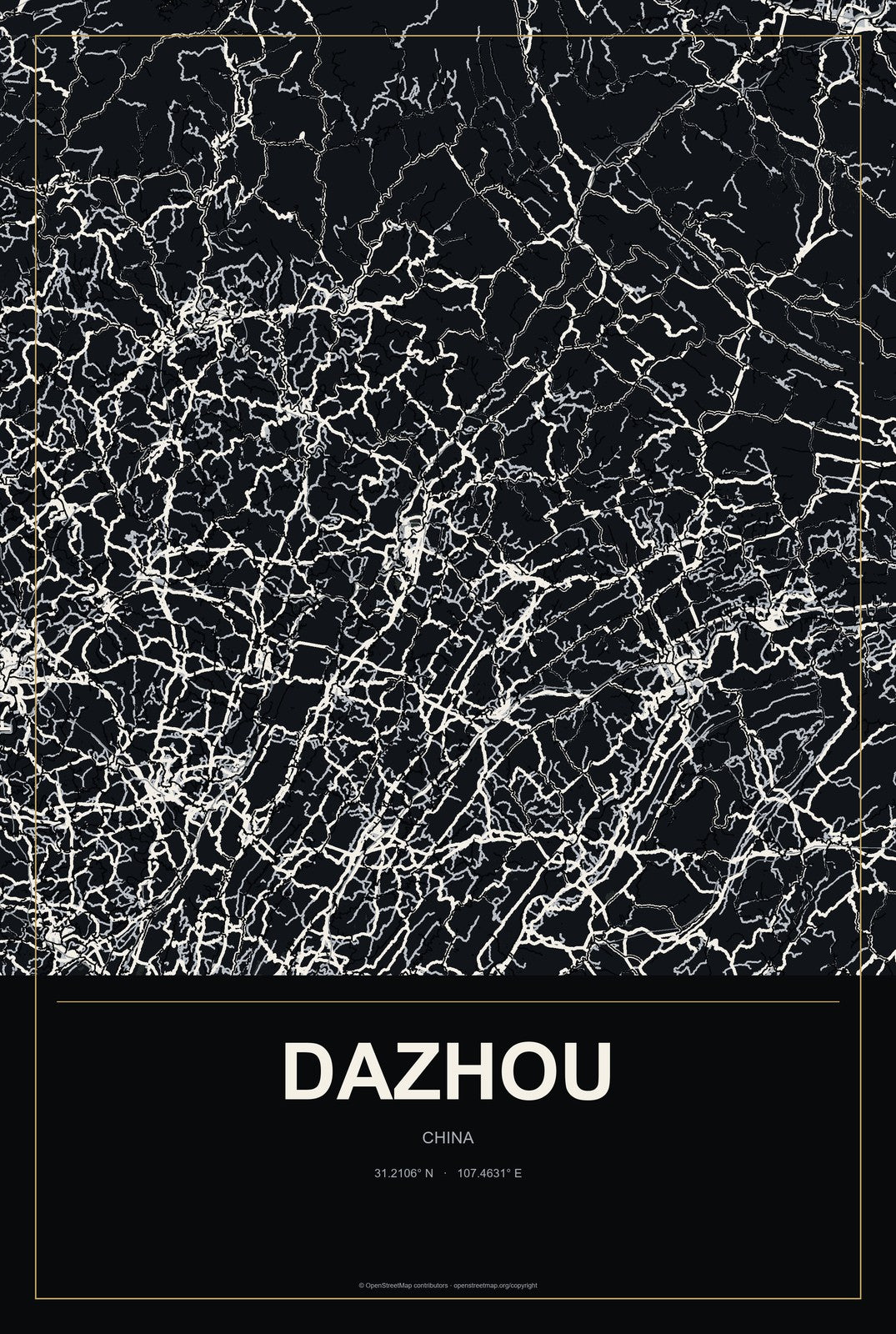 Dazhou, Chongqing, China City Map Aluminum Sign in Metropolitan Noir style