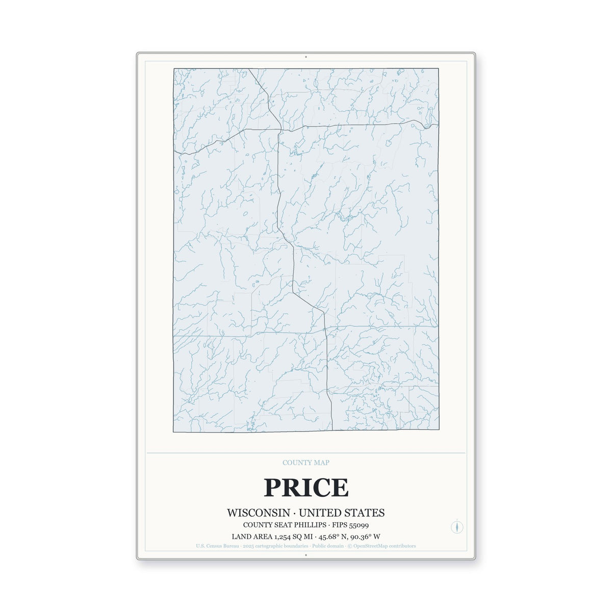 Price County, Wisconsin Map Aluminum Sign in Gallery Air style