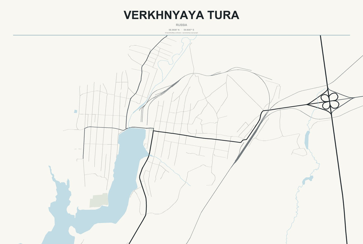 Verkhnyaya Tura, Russia City Map Aluminum Sign in Headline Atlas style