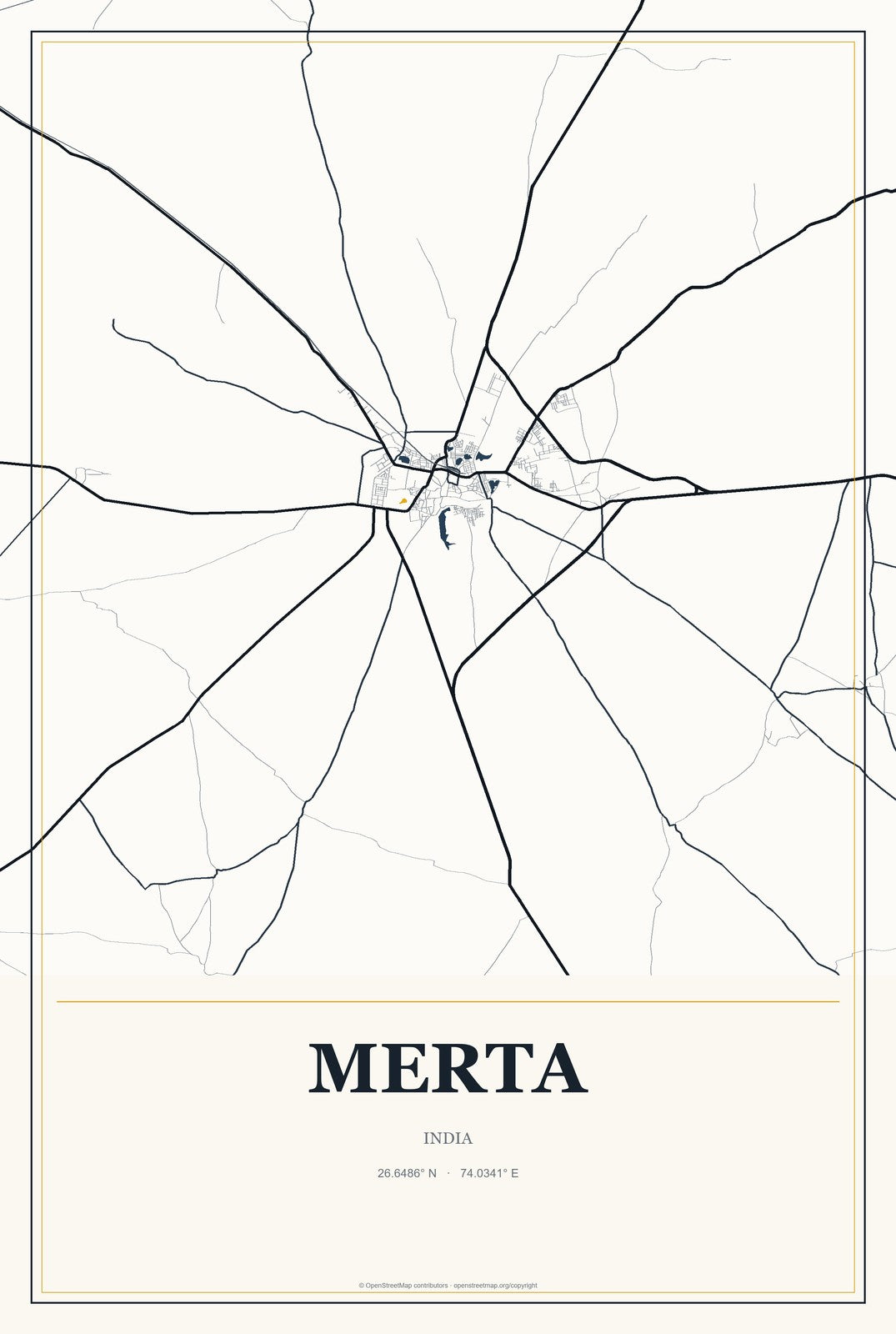 Merta, India City Map Aluminum Sign in Citrine Modern style