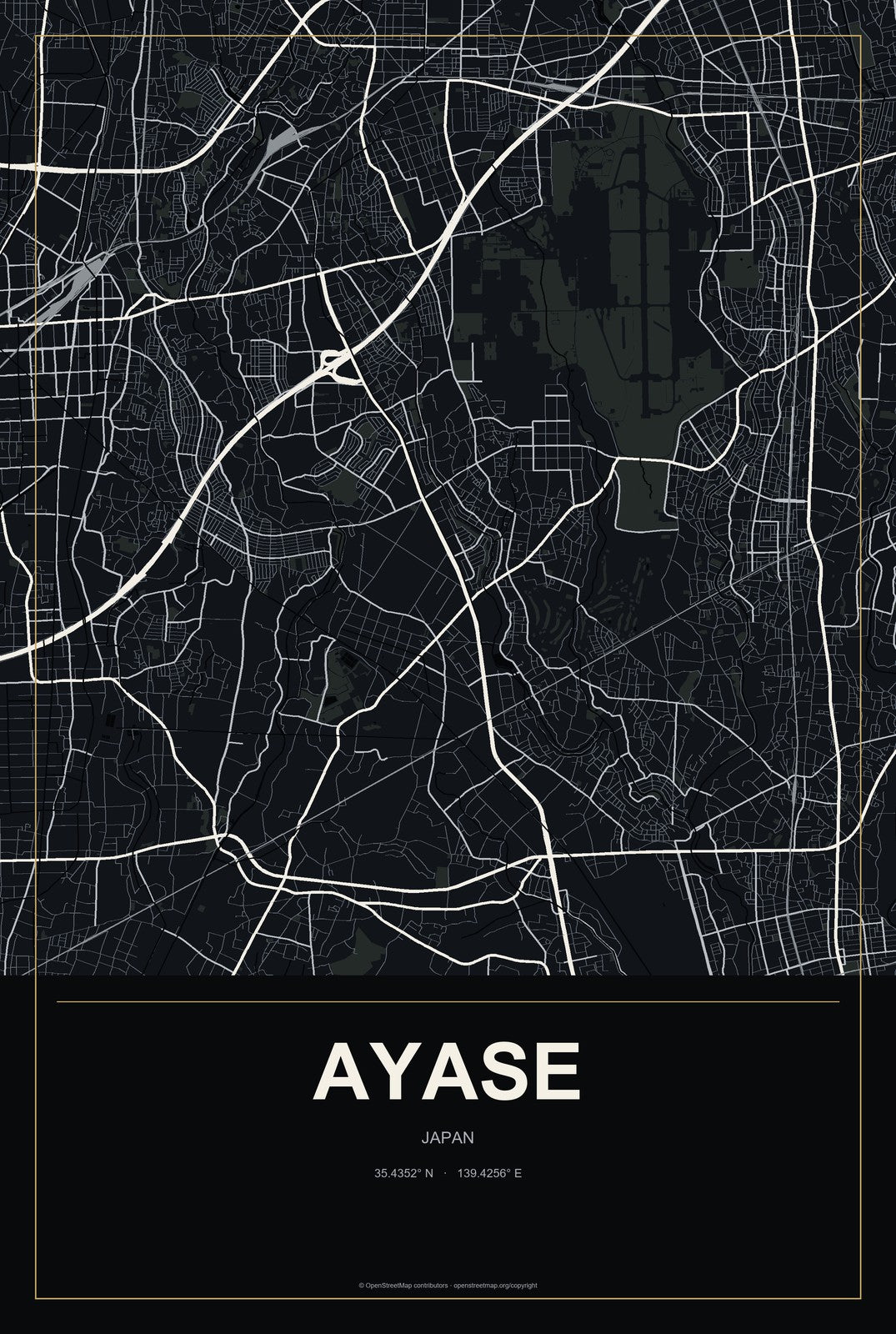 Ayase, Japan City Map Aluminum Sign in Metropolitan Noir style