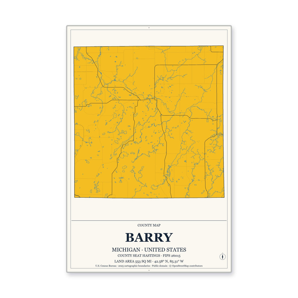Barry County, Michigan Map Aluminum Sign in Citrine Modern style