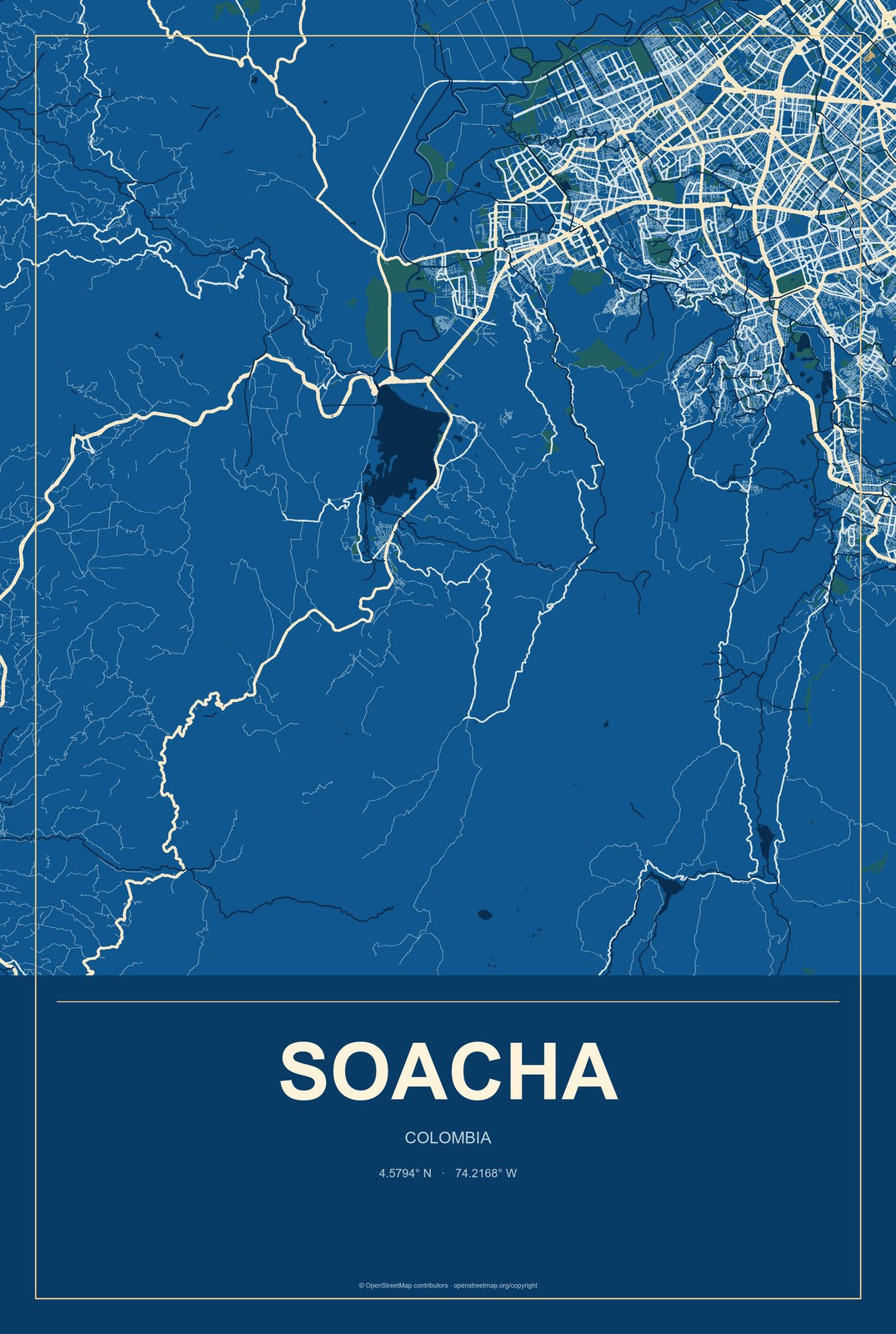 Soacha, Colombia City Map Aluminum Sign in Harbor Cobalt style
