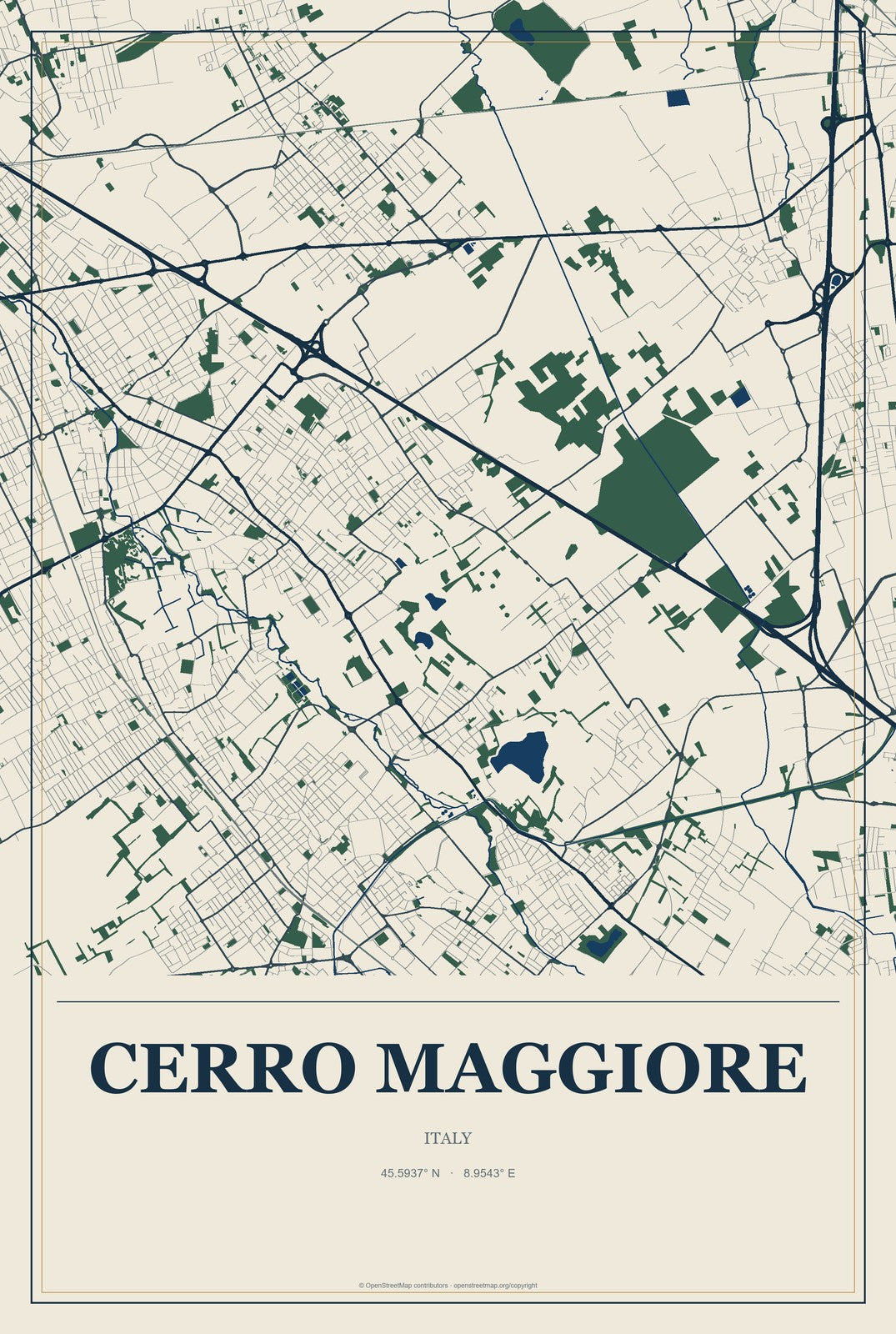Cerro Maggiore, Italy City Map Aluminum Sign in Coastal Cutout style