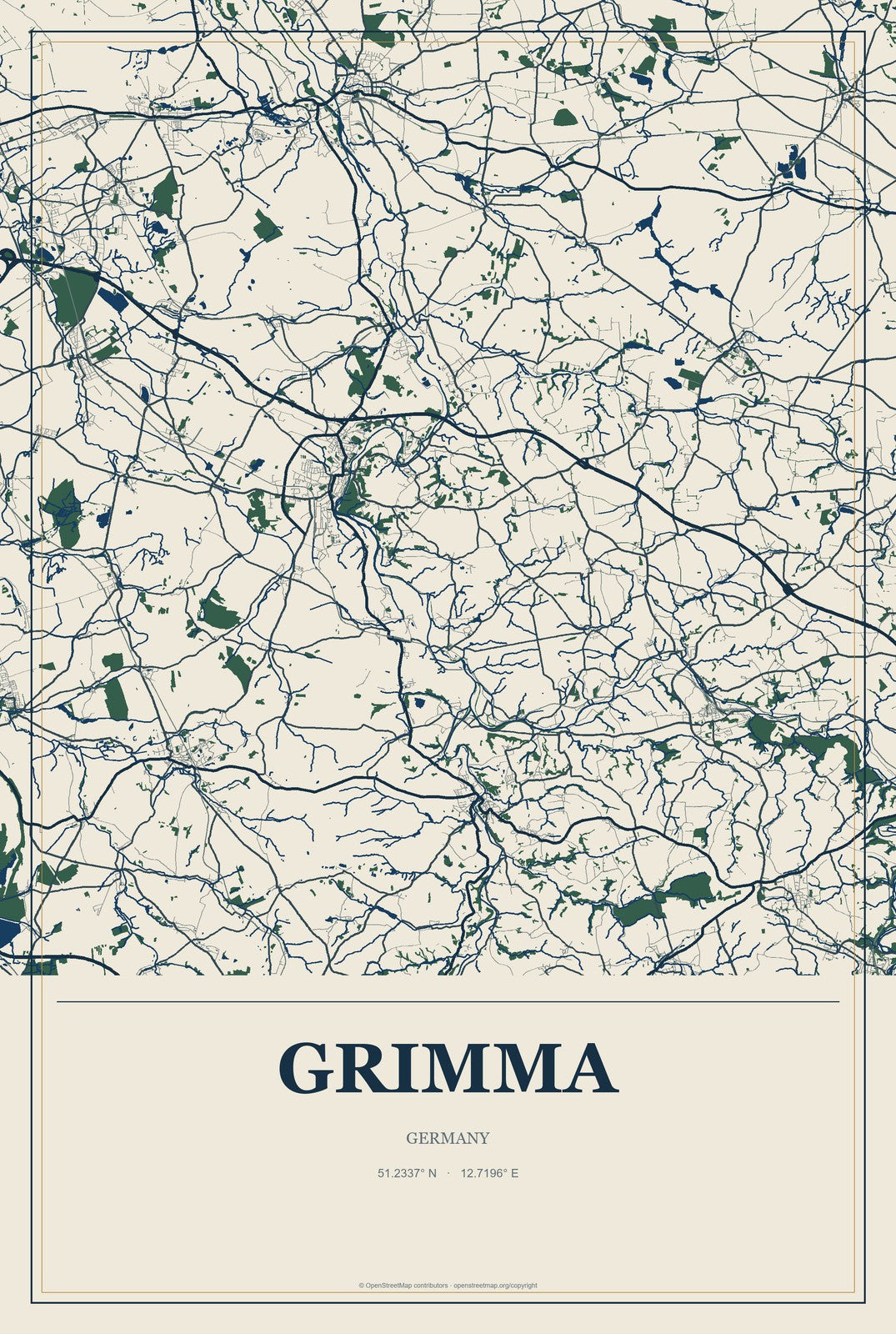 Grimma, Germany City Map Aluminum Sign in Coastal Cutout style