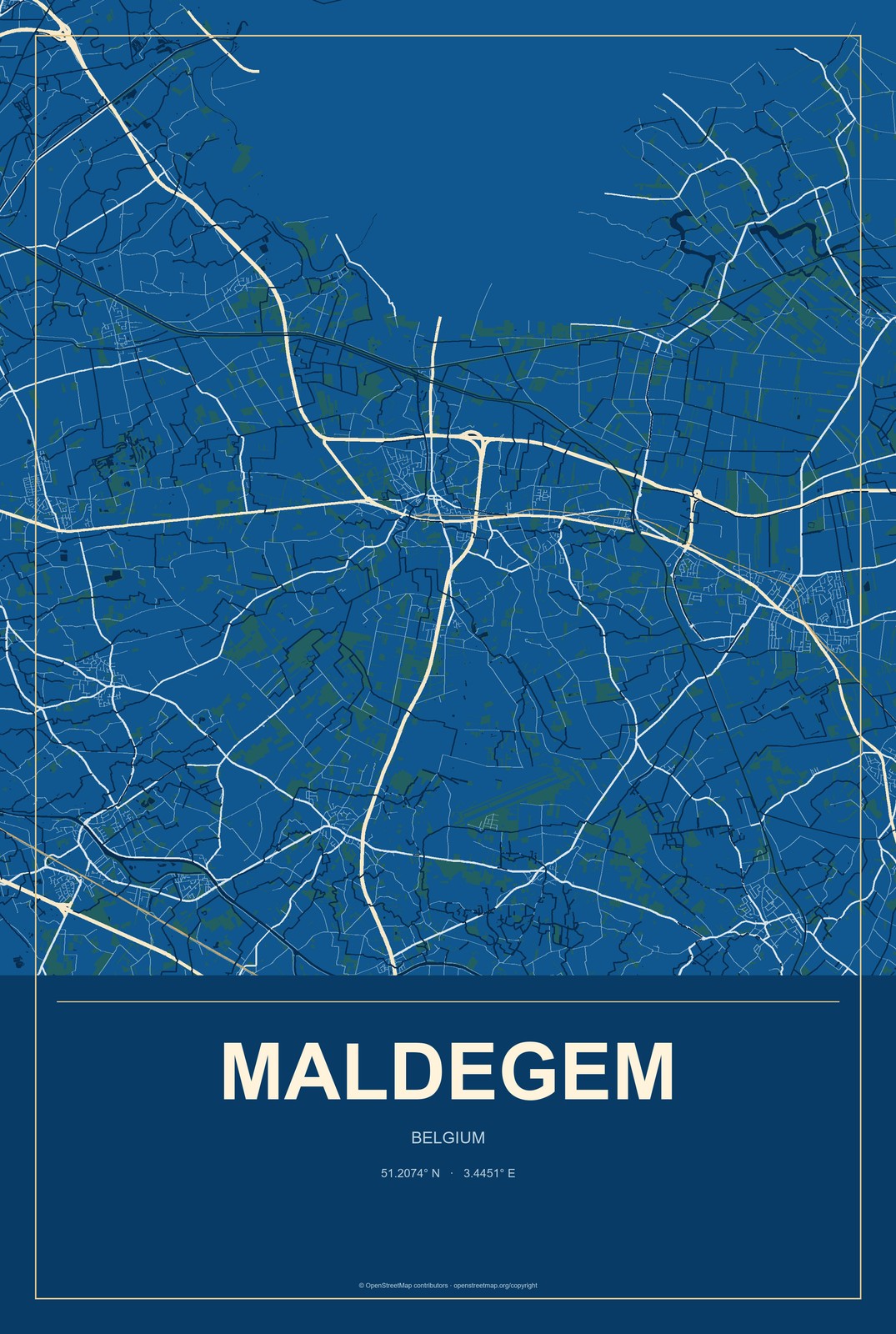 Maldegem, Belgium City Map Aluminum Sign in Harbor Cobalt style