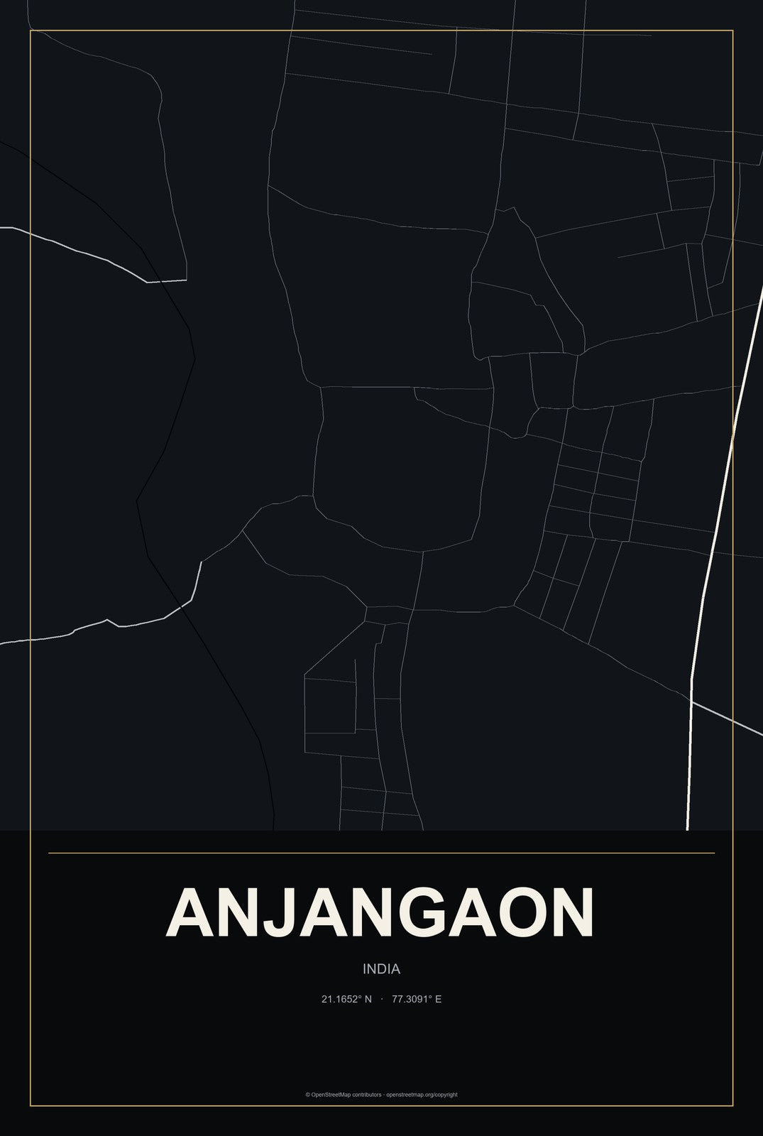 Anjangaon, India City Map Aluminum Sign in Metropolitan Noir style