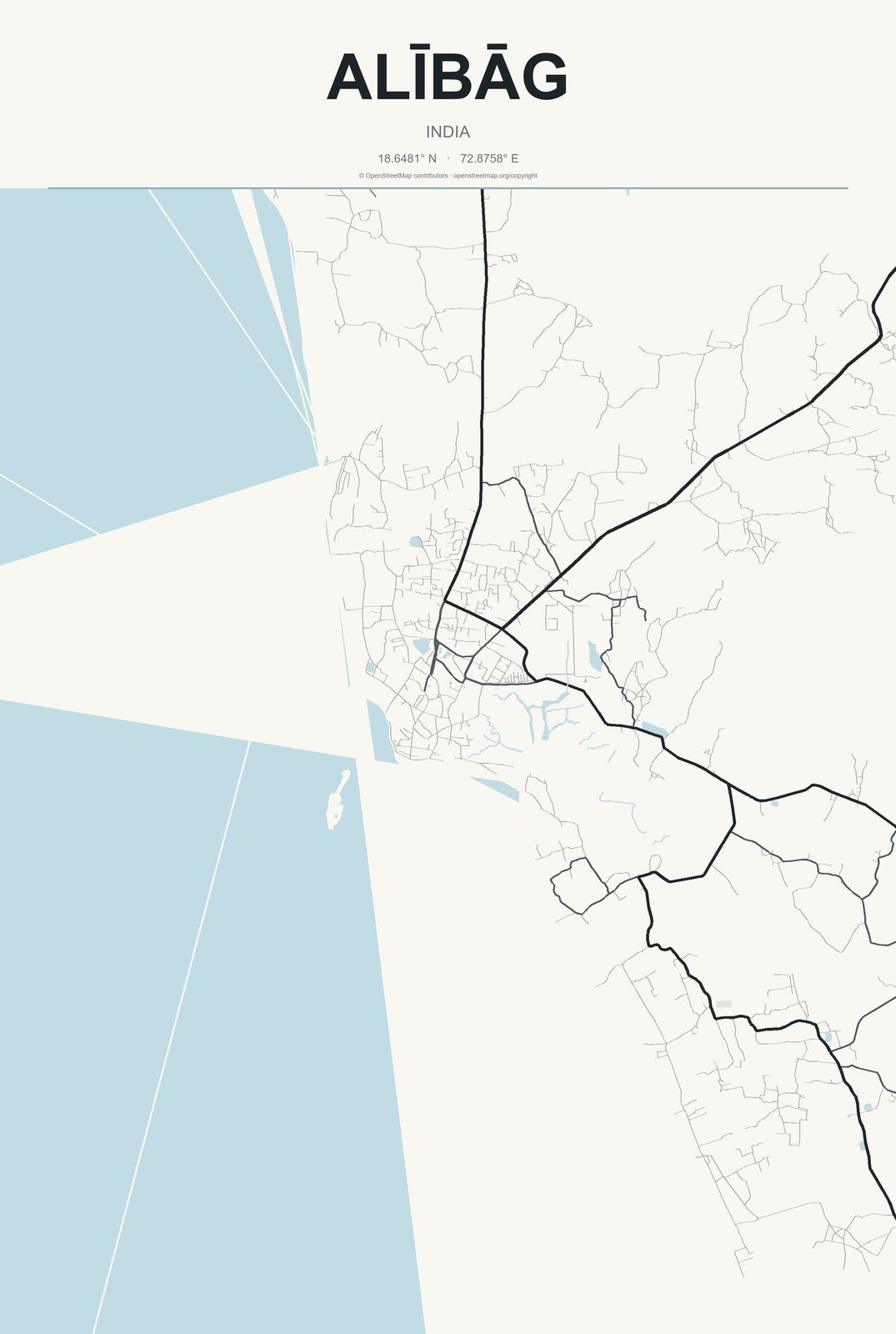Alībāg, India City Map Aluminum Sign in Headline Atlas style