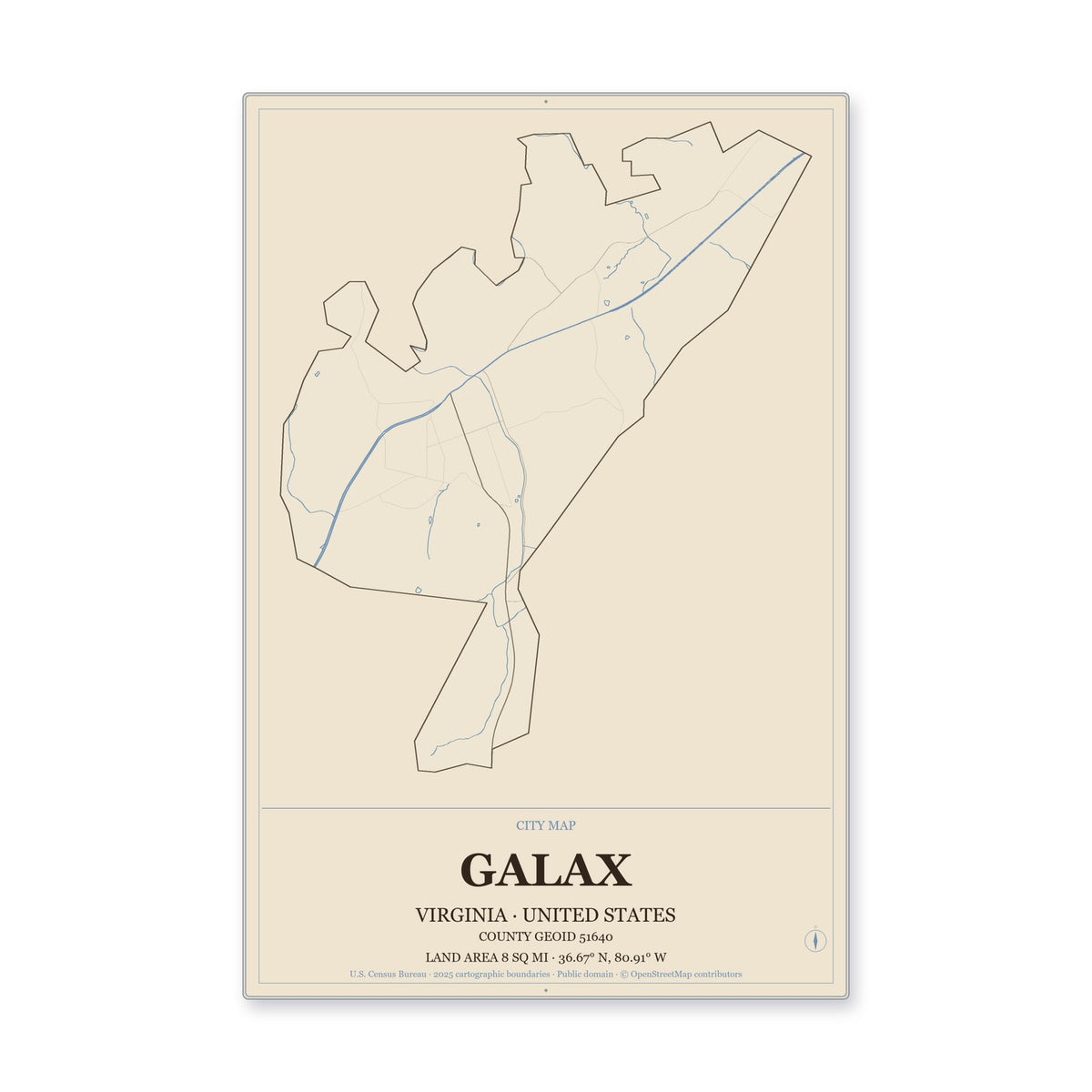 Galax city, Virginia Map Aluminum Sign in Heritage Nautical style