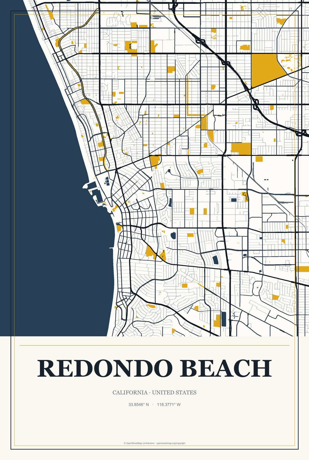 Redondo Beach, California City Map Aluminum Sign in Citrine Modern style