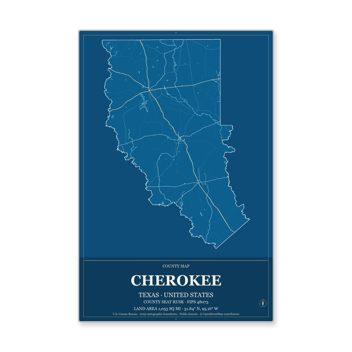 Cherokee County, Texas Map Aluminum Sign in Harbor Cobalt style