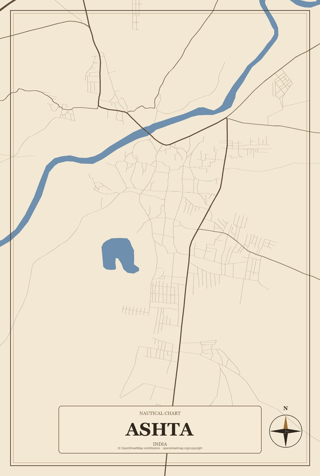 Ashta, Madhya Pradesh, India City Map Aluminum Sign in Heritage Nautical style