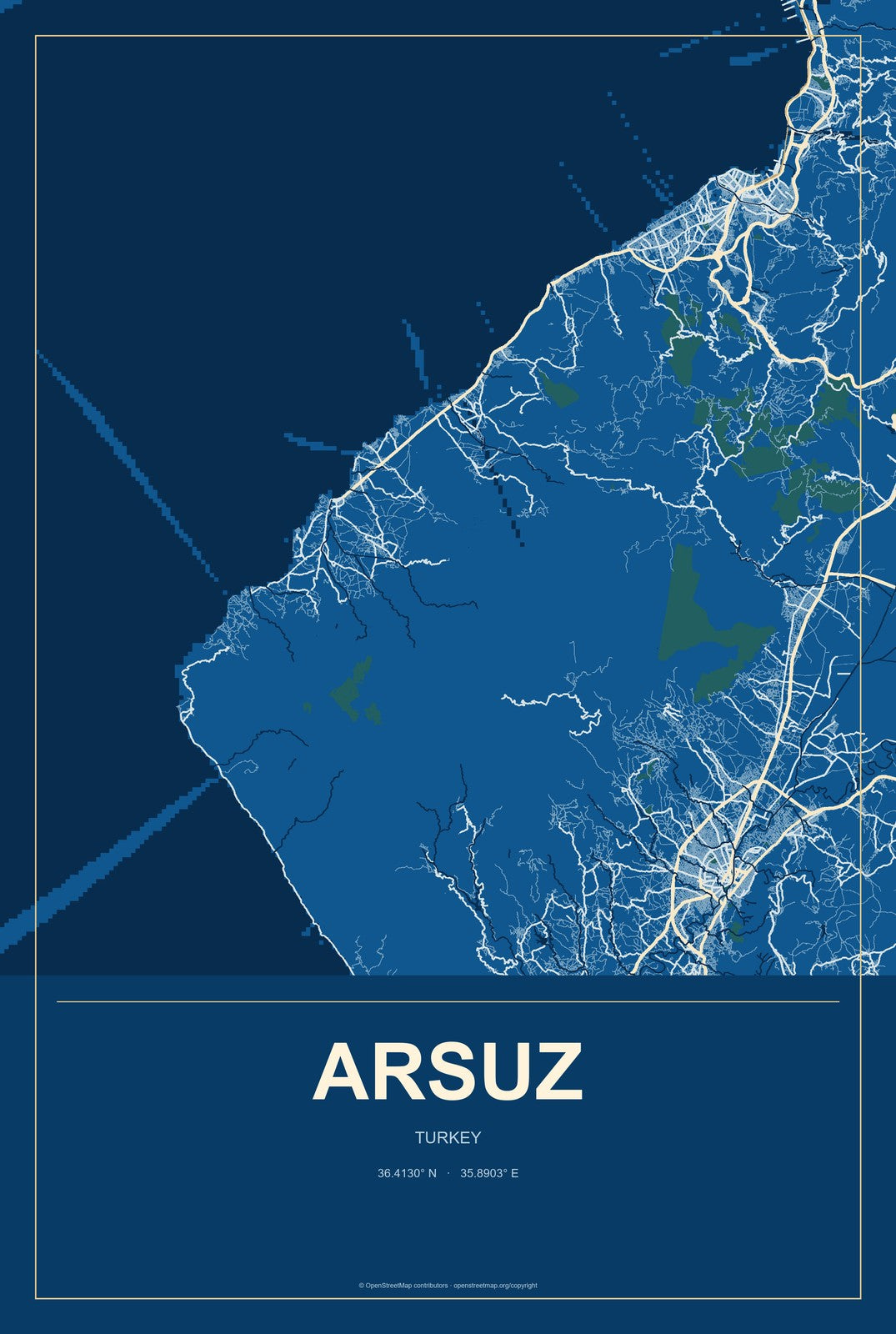 Arsuz, Turkey City Map Aluminum Sign in Harbor Cobalt style
