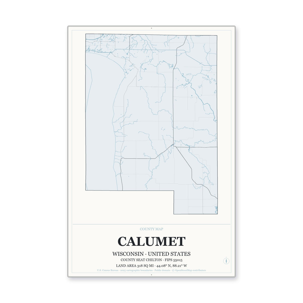 Calumet County, Wisconsin Map Aluminum Sign in Gallery Air style