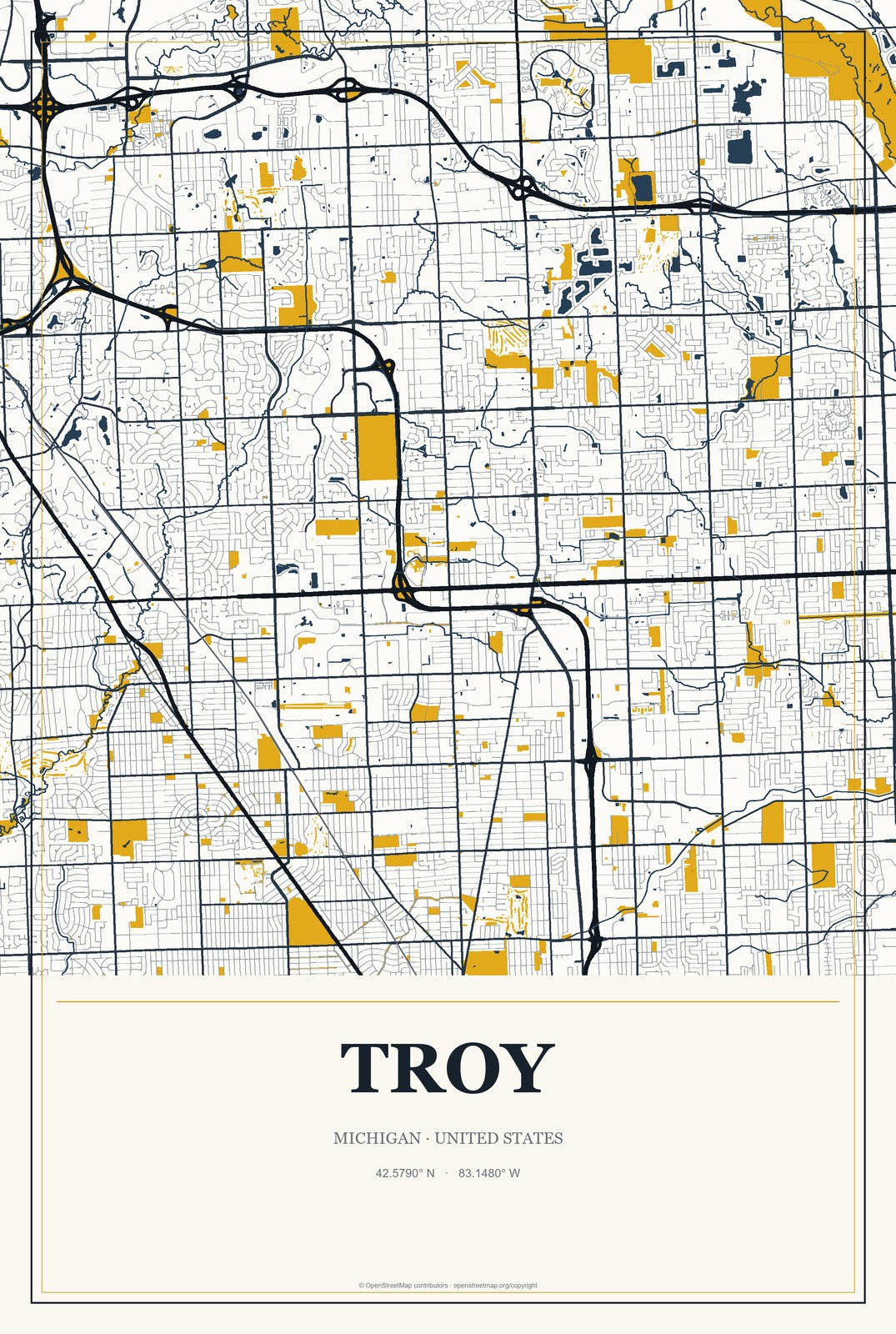 Troy, Michigan City Map Aluminum Sign in Citrine Modern style