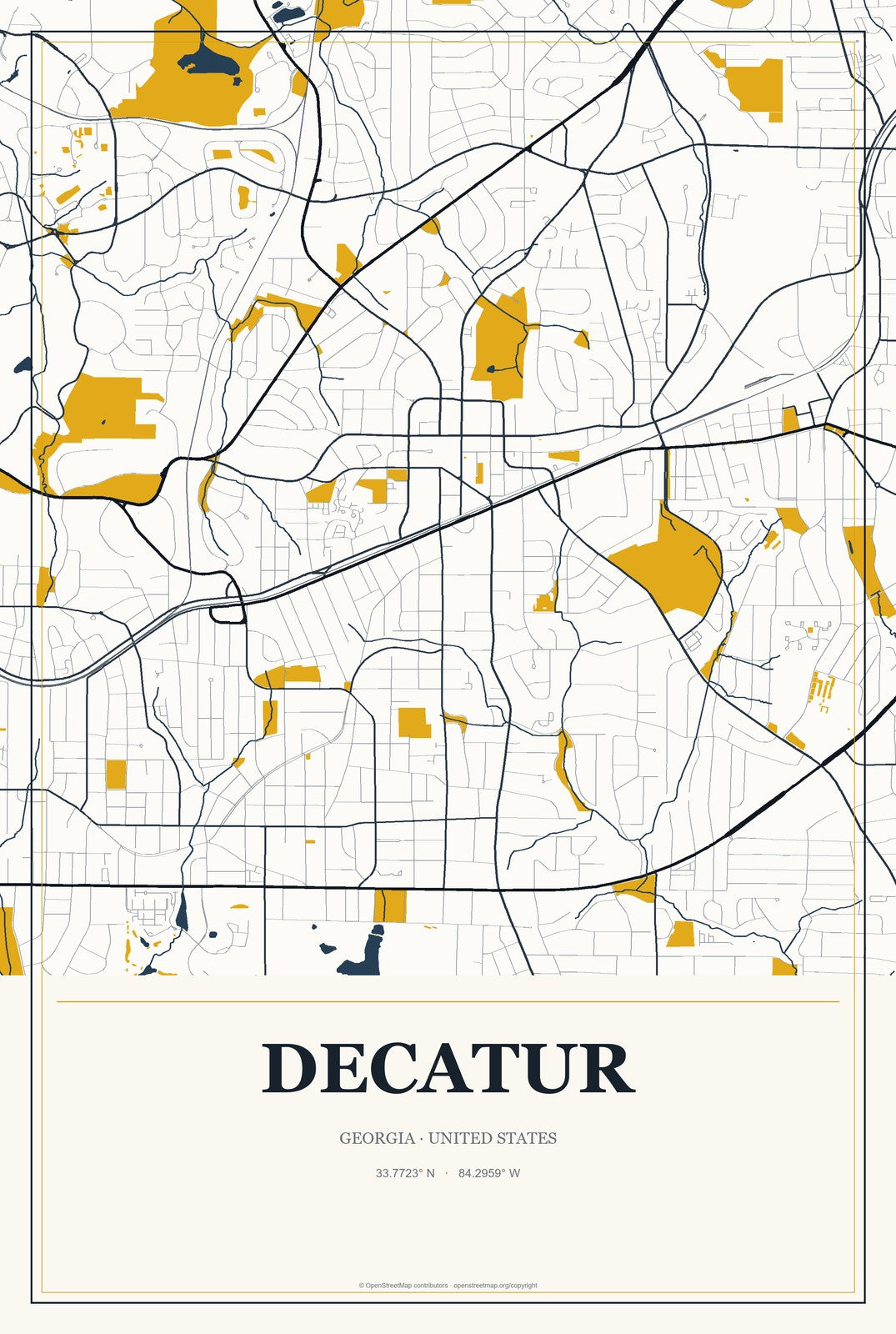 Decatur, Georgia City Map Aluminum Sign in Citrine Modern style
