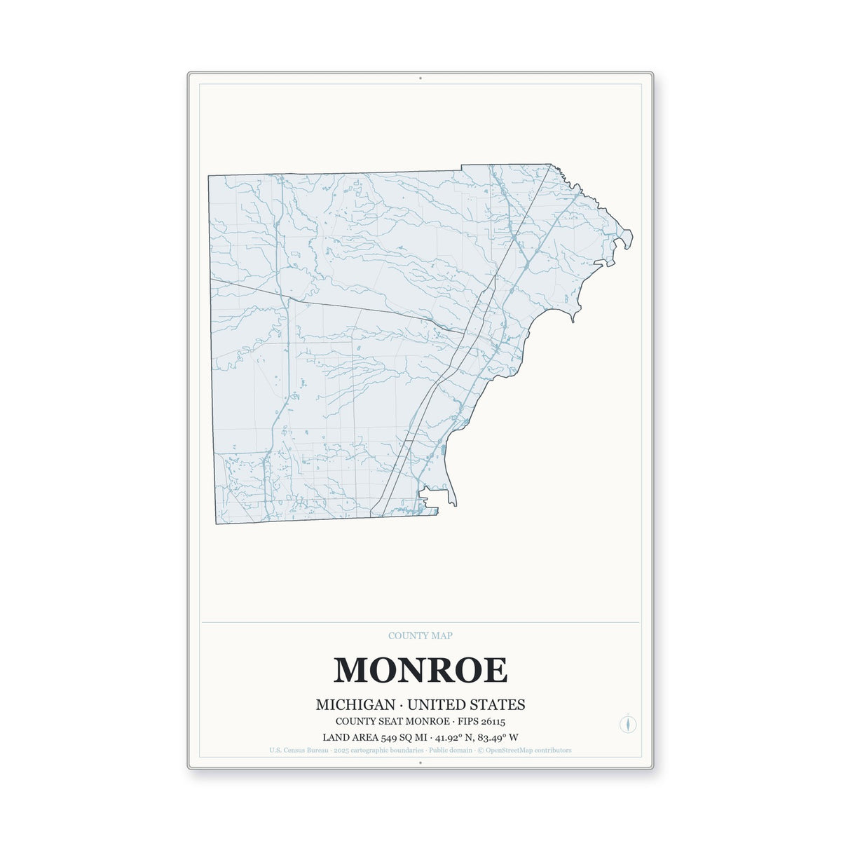 Monroe County, Michigan Map Aluminum Sign in Gallery Air style