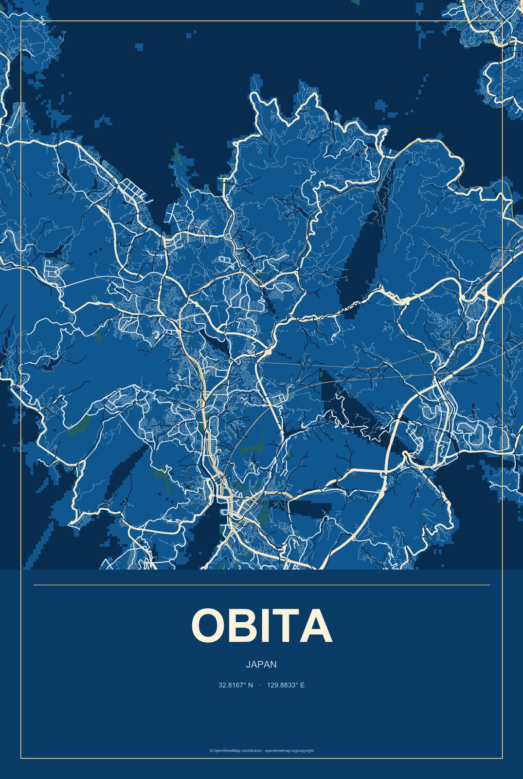 Obita, Japan City Map Aluminum Sign in Harbor Cobalt style