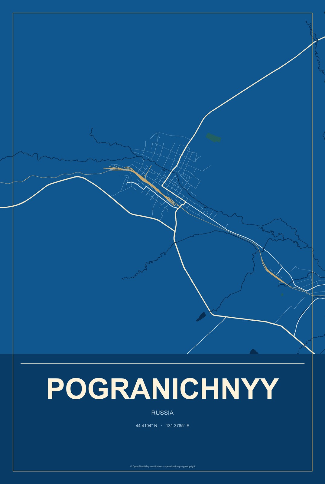 Pogranichnyy, Russia City Map Aluminum Sign in Harbor Cobalt style