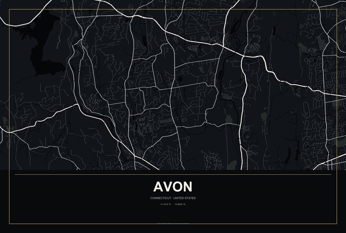 Avon, Connecticut City Map Aluminum Sign in Metropolitan Noir style